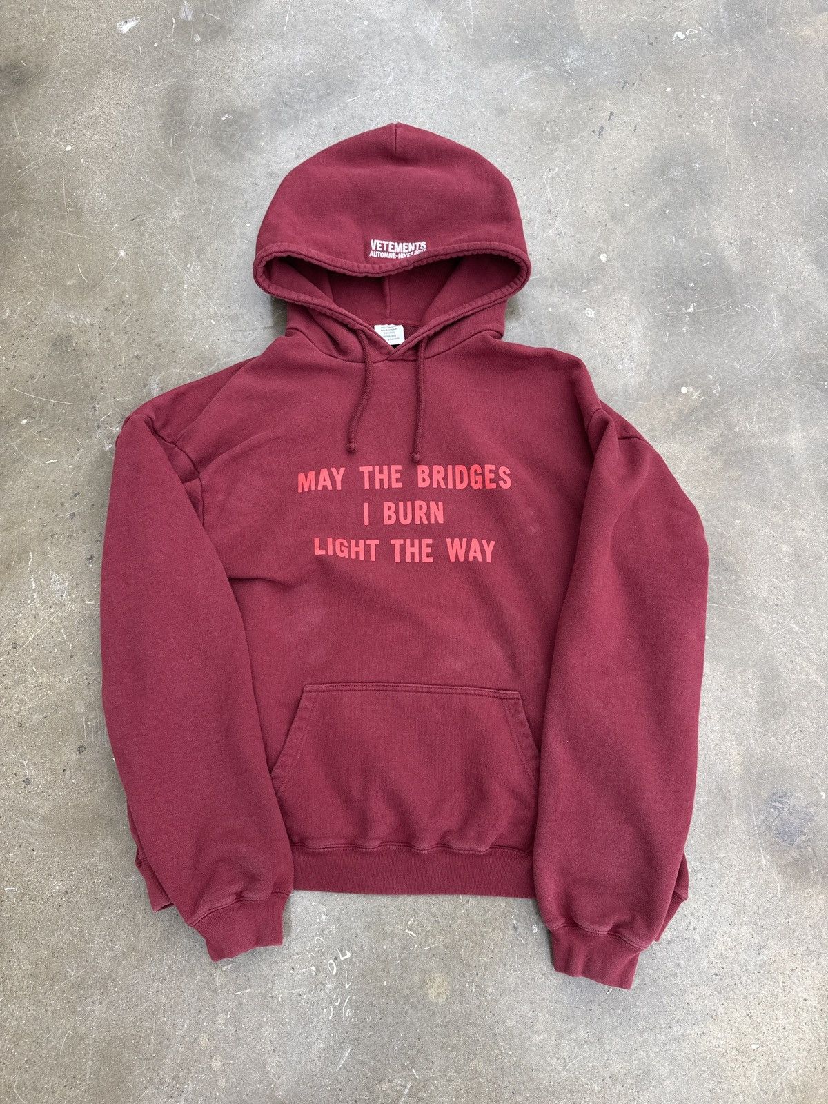 AW17 Vetements Homme “Bridges I Burn” Hoodie Burgundy