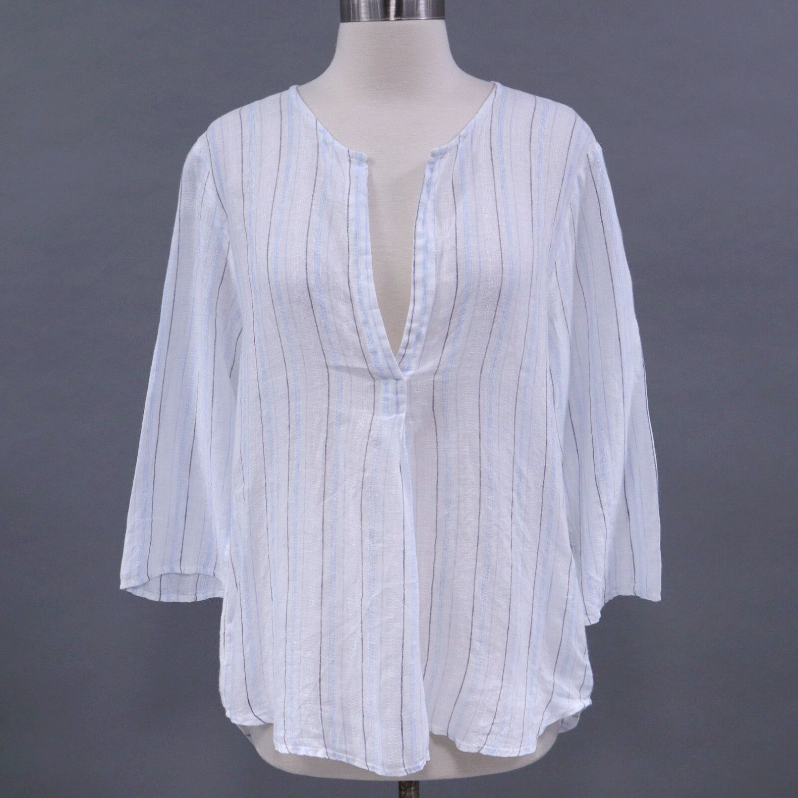 image of Vintage Cp Shades Linen Top Blouse Shirt Womens S Small White Blue Striped Popover