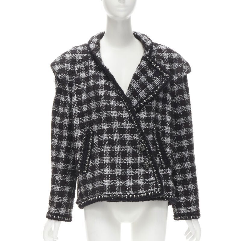 Chanel CHANEL 11A Fantasy Tweed black silver checkered asymmetric collar jacket FR44 XL Size XL / US 12-14 / IT 48-50 - 1 Thumbnail