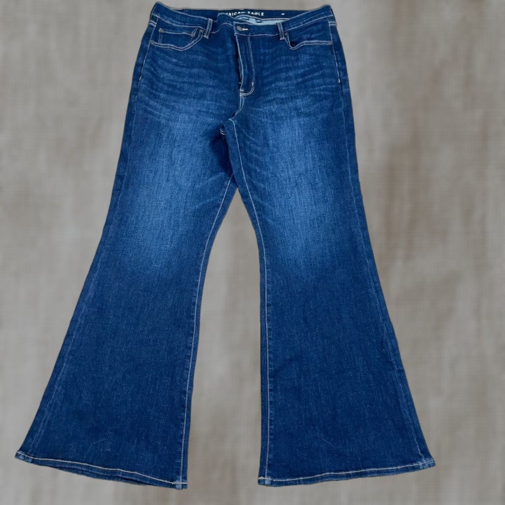 American Eagle Outfitters American Eagle Jeans Women 108 Super High Hi Rise Flare Dark Wash Faded Stretch Size 40" / US 18 - 1 Thumbnail