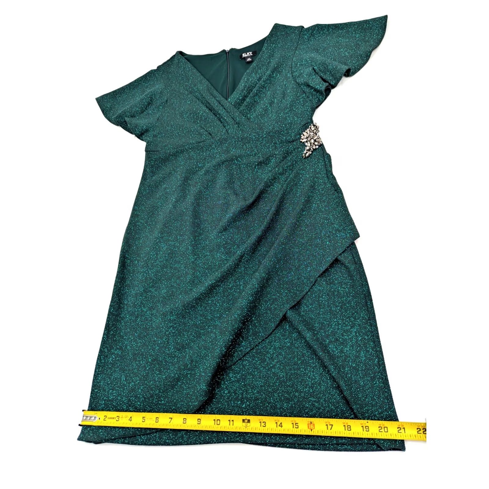 Vintage SLNY Green Glitter Metallic Sheath Dress Women 12P Surplice VNeck Flutter Sleeve Short Sleeve Giftless Size XL / US 12-14 / IT 48-50 - 5 Thumbnail