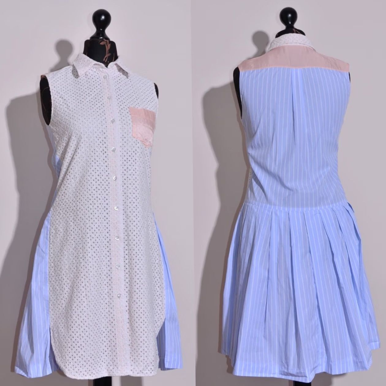 Vintage Sonia Rykiel Dress Women's Sleeveless Button Down Collared Fit&Flare Size 36 Blue Knee Length Pockets 100% Cotton Regular Vintage: No Size XS / US 0-2 / IT 36-38 - 2 Thumbnail
