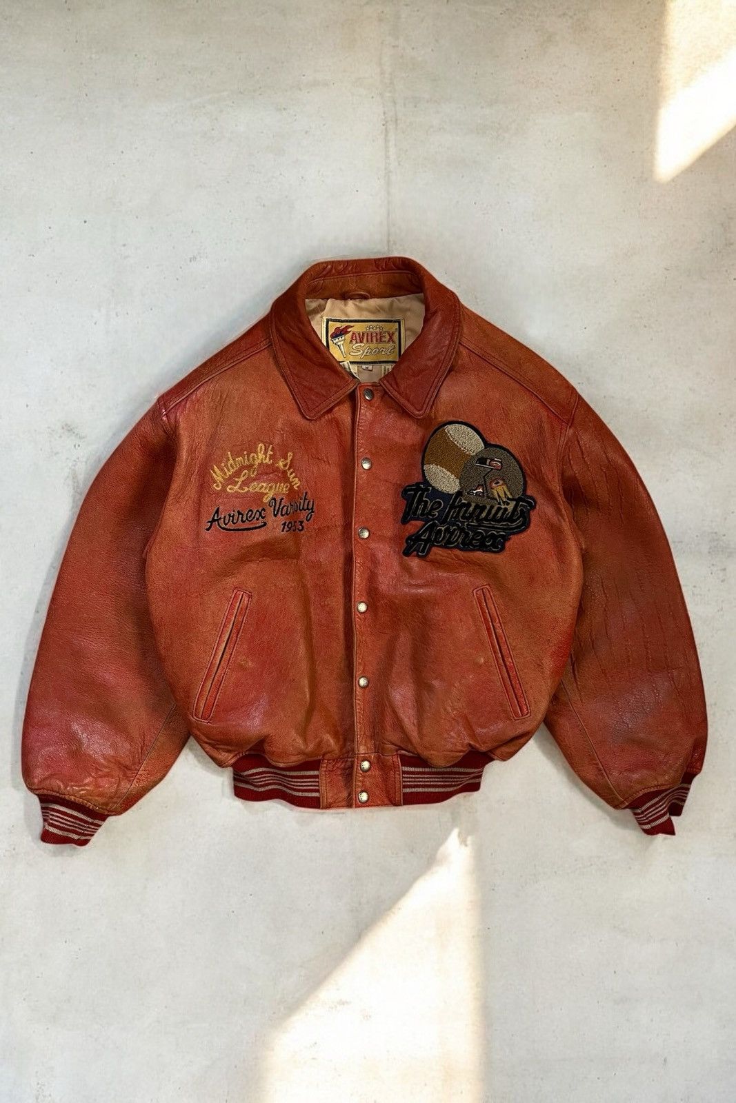 AVIREX FUN TO RUN GREAT ROUTE MA-1 パッチ Vintage Avirex Leather Varsity Jacket – The Holy Grail