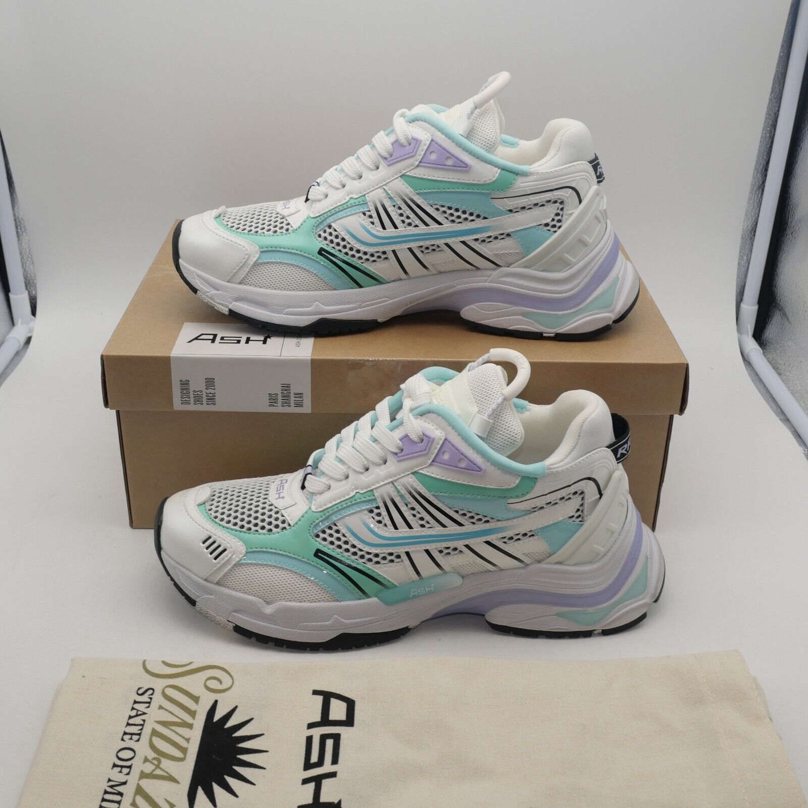 ASH NEW Ash Women's 7 Race Fion Sneakers White Hype Mint Black Size US 11 / IT 41 - 3 Thumbnail