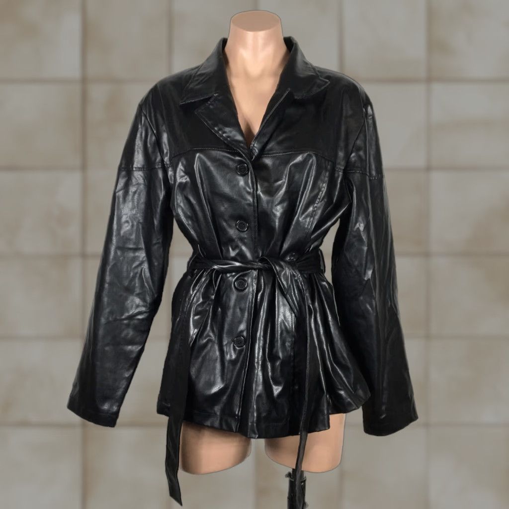 VINTAGE Gothic Belted Faux Leather Long Jacket Women XL Black