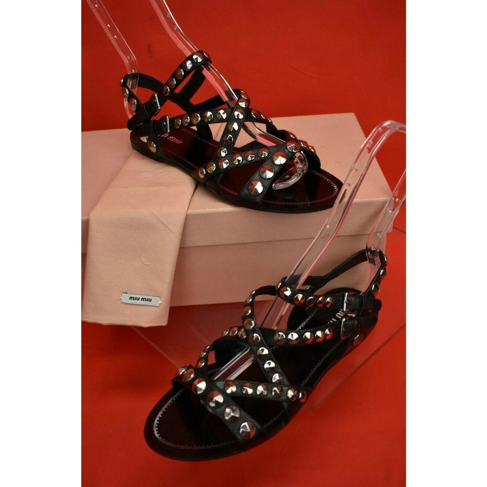 Miu Miu MIU MIU PRADA 5X8709 BLACK LEATHER STUDDED FLATS SANDALS 37 Size US 7 / IT 37 - 2 Thumbnail