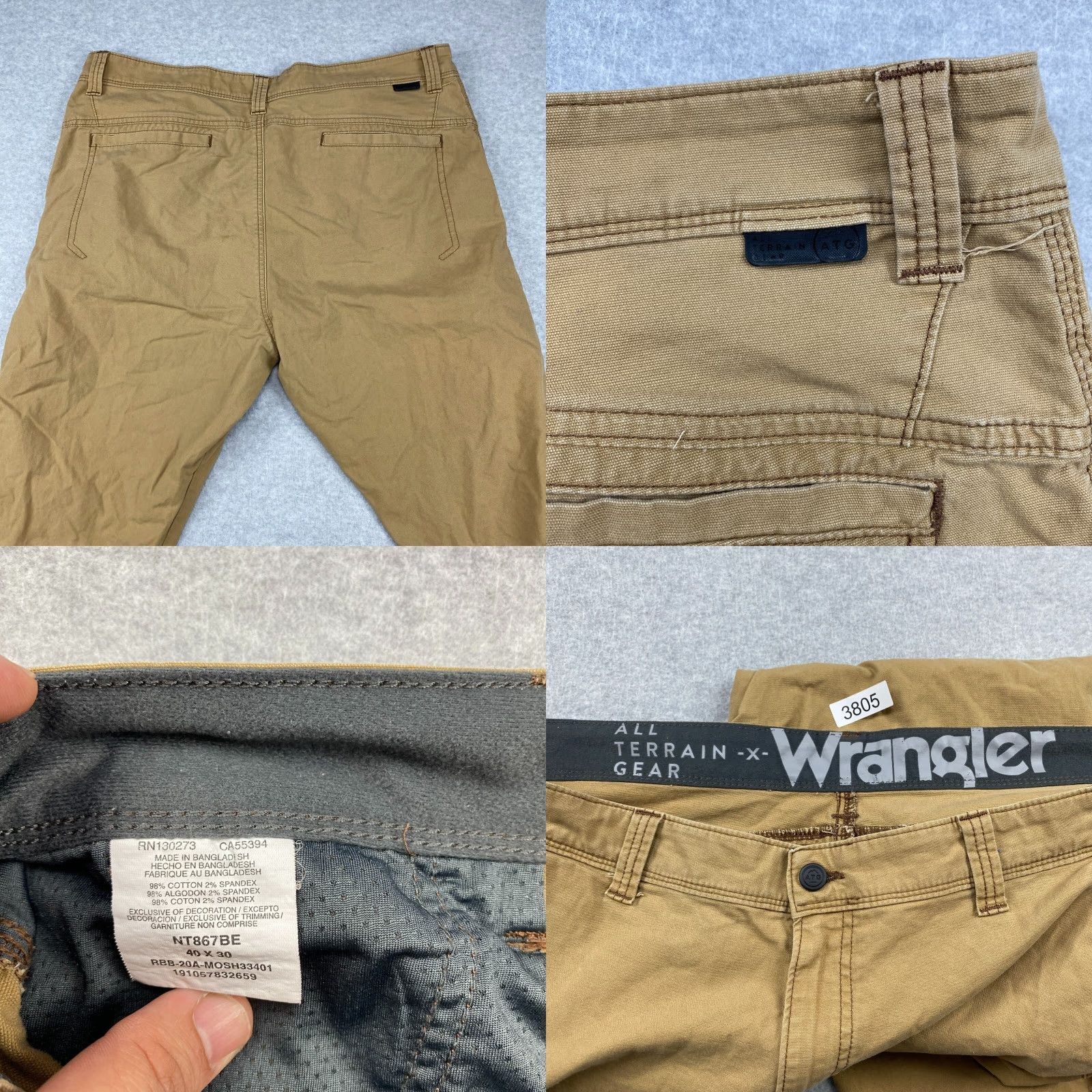 Wrangler Wrangler ATG Pants Mens 40 Tan Canvas Stretch Straight 5-Pocket Utility Belt Loops Zipper Regular Fit Size US 40 / EU 56 - 9 Thumbnail