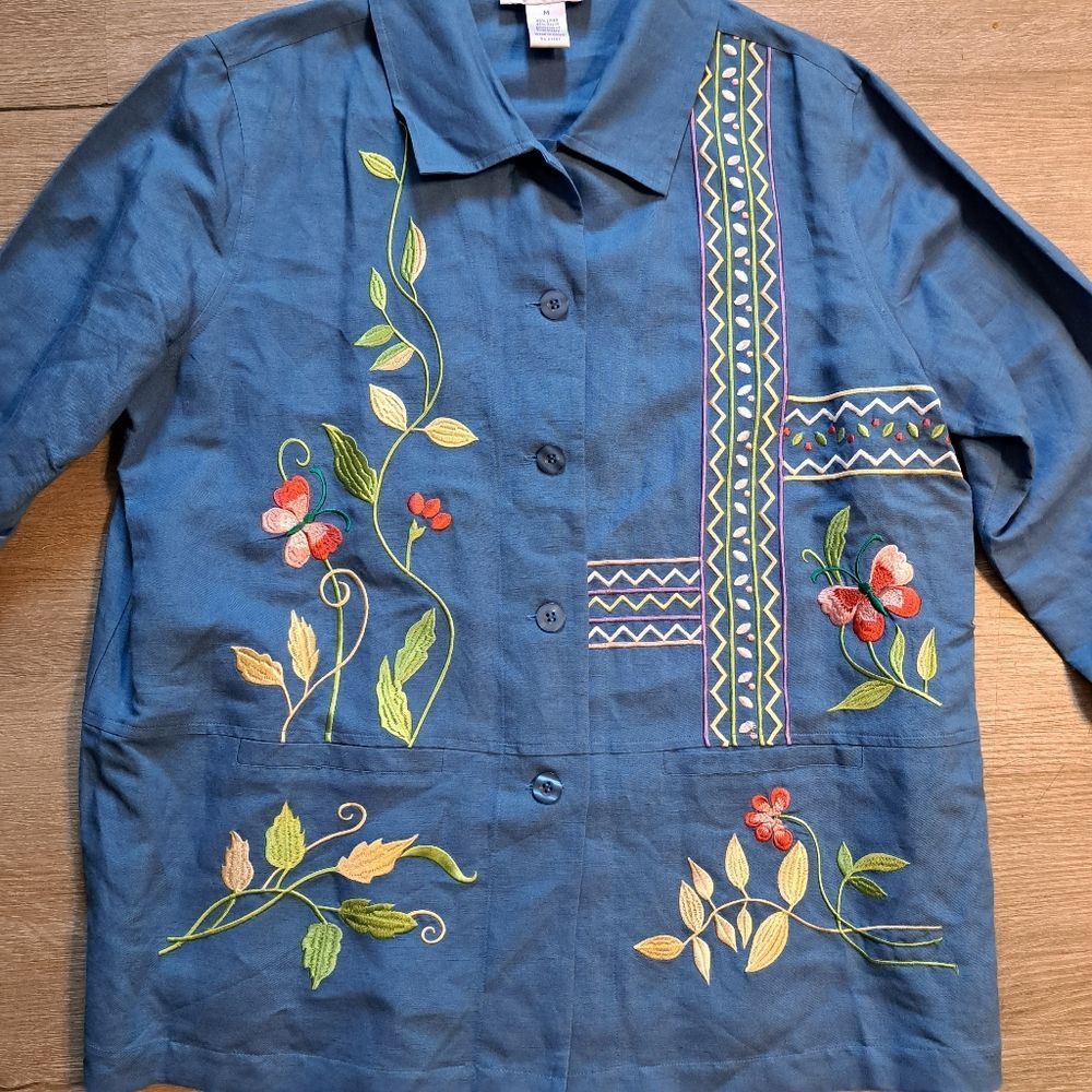 Other Susan Graver Grannycore Embroidered Linen Floral Butterfly Top Medium Blue/Multi Size M / US 6-8 / IT 42-44 - 7 Thumbnail