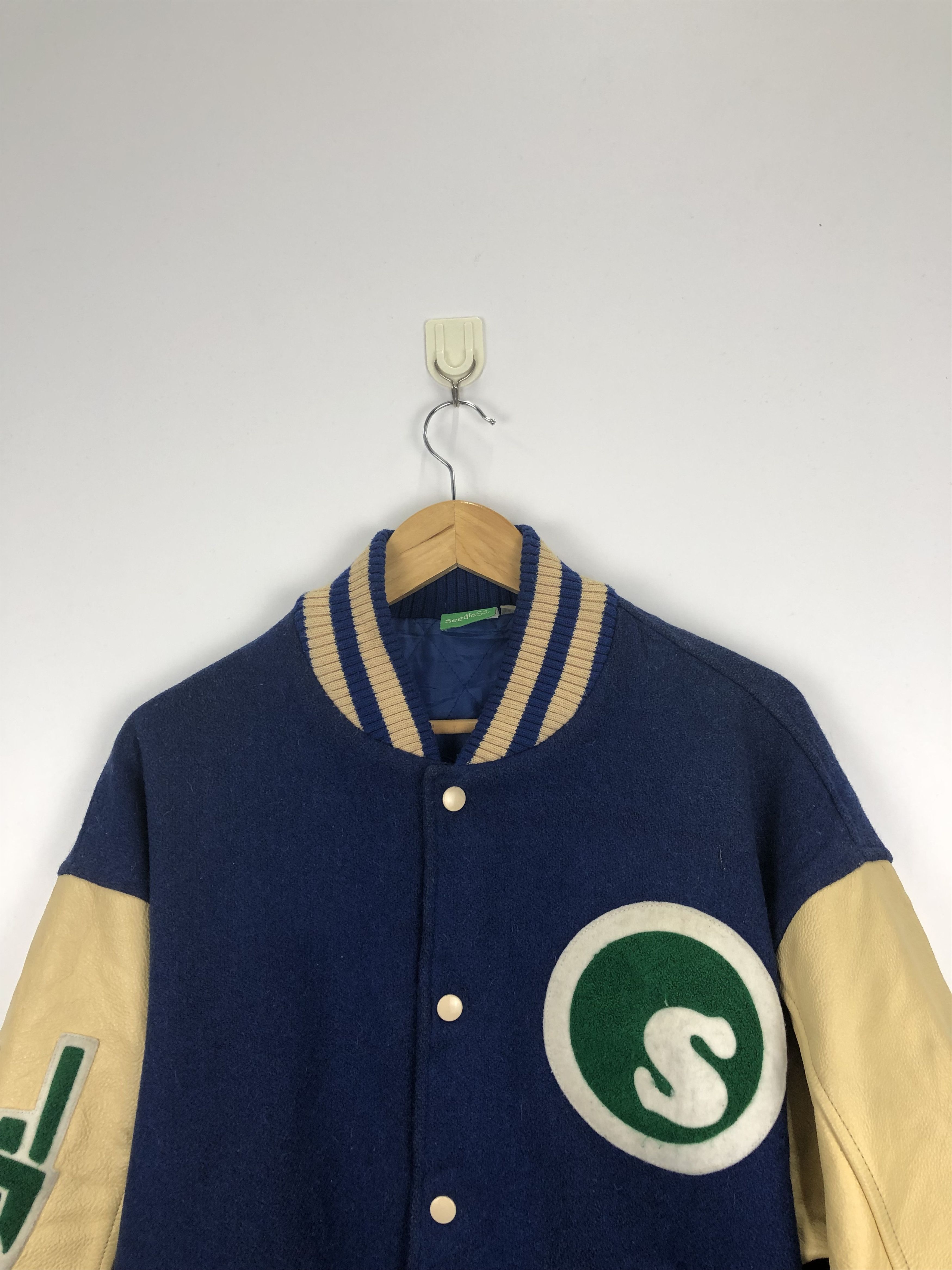 Japanese Brand Vintage 90s Seedless Leather Sleeve Varsity Jacket V0375 Size US M / EU 48-50 / 2 - 2 Thumbnail