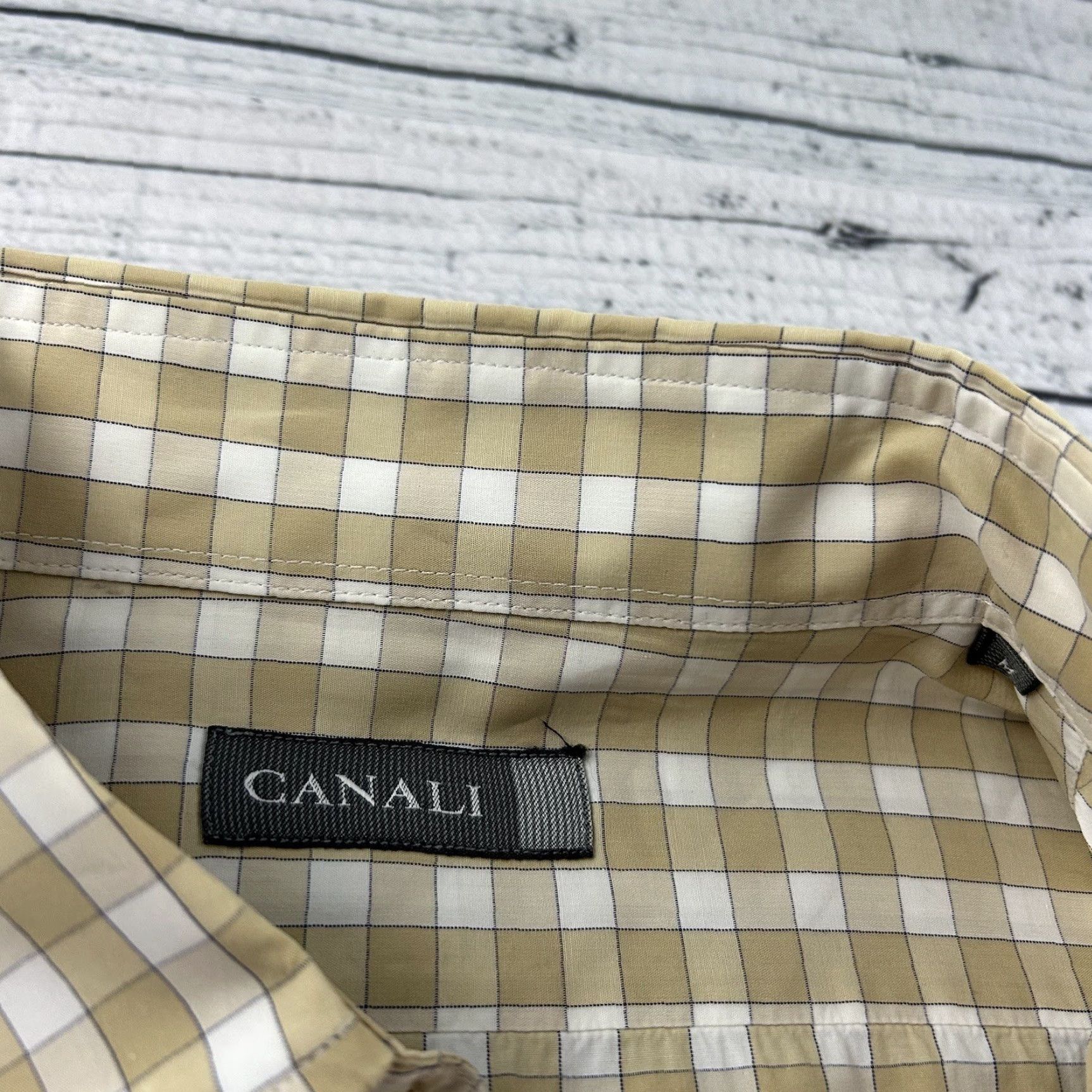 Canali Canali Plaid Button-Up Shirt Mens Medium White Beige Long Sleeve Cotton Woven Size US M / EU 48-50 / 2 - 2 Thumbnail