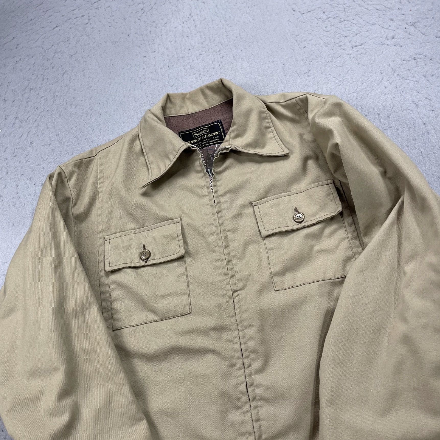 Sears VINTAGE Sears Jacket Mens L Beige Bomber Zip 70s Full Zip Zipper Cotton Blend Regular Coat Style Jeans? Size US L / EU 52-54 / 3 - 3 Thumbnail