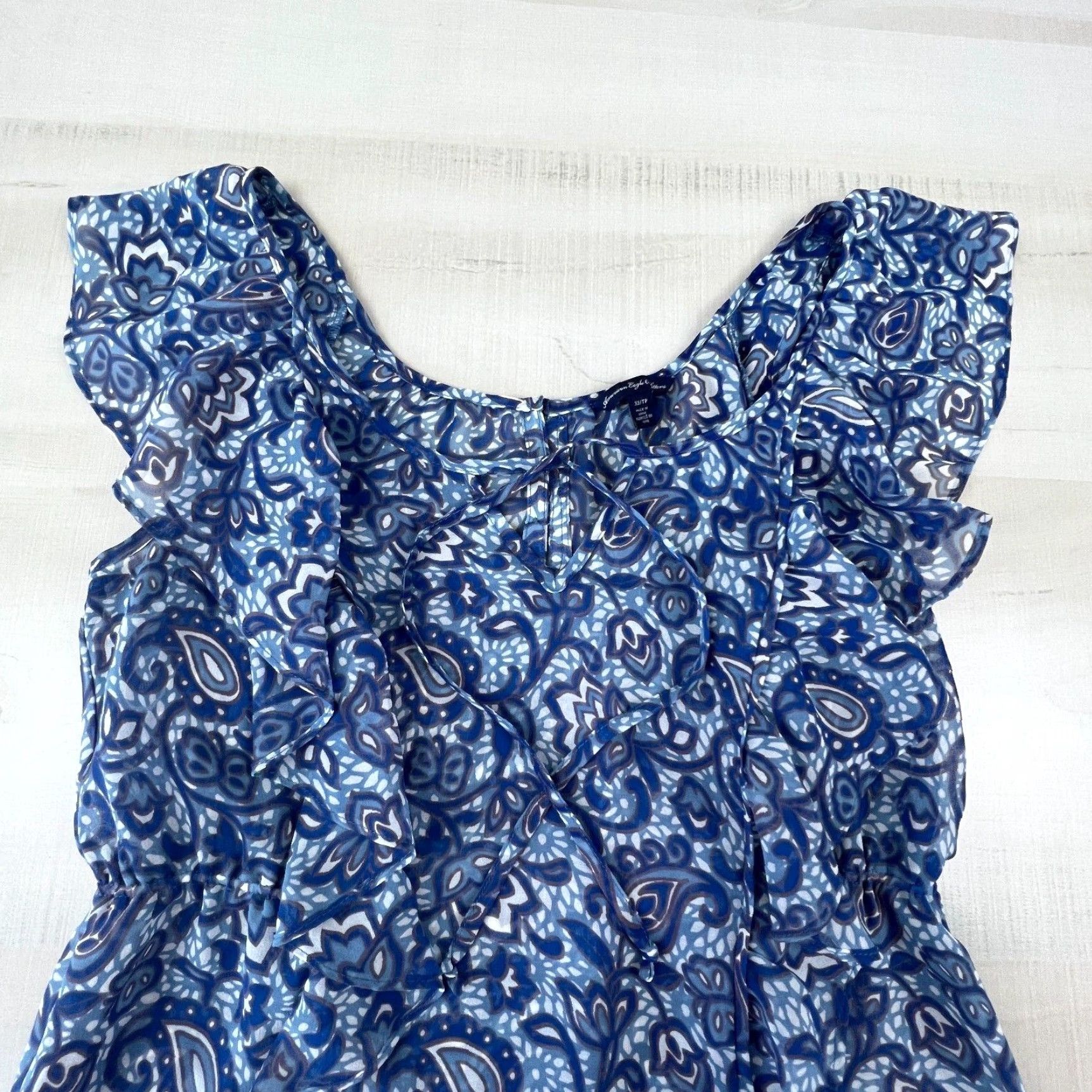 American Eagle Outfitters American Eagle Womens Blue Sleeveless Ruffle Paisley Blouse Top XS Chiffon Elastic Waist Shirt Size XS / US 0-2 / IT 36-38 - 2 Thumbnail