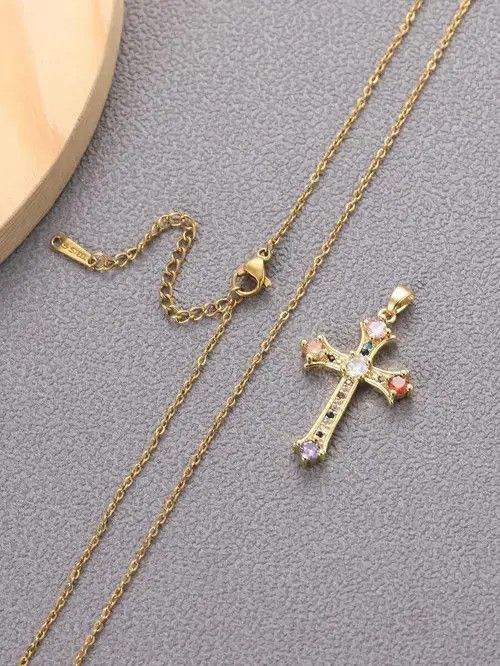 Japanese Brand Retro Punk Stainless Cross Rhinestone Pendant Gold Size ONE SIZE - 3 Thumbnail