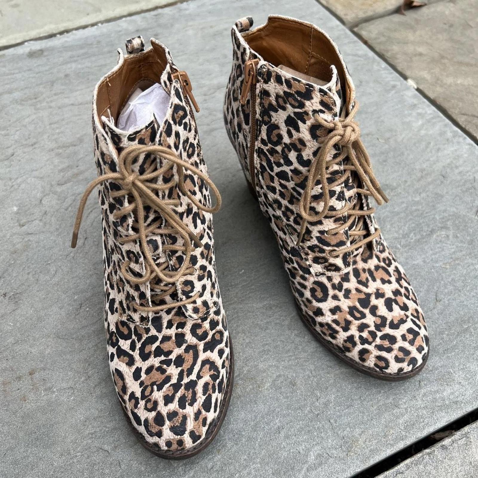 Lucky Brand Leopard Lace Up Wedge Heel Ankle Boots Size US 8 / IT 38 - 4 Thumbnail