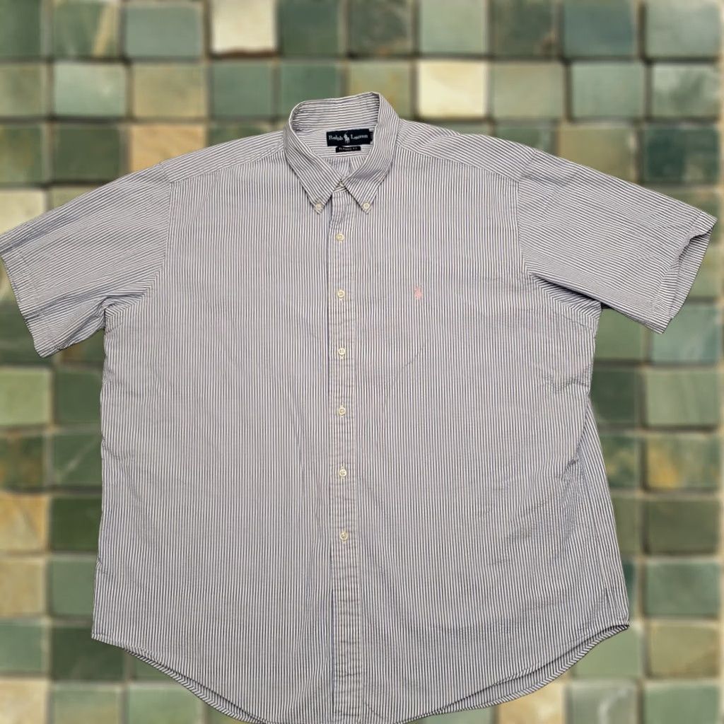Ralph Lauren VINTAGE Ralph Lauren Shirt Mens 2XL Blue White Stripe Button-Up Short Sleeve Seersucker Crinkle 100% Cotton Logo Pattern Casual Mens Size US XXL / EU 58 / 5 - 1 Thumbnail