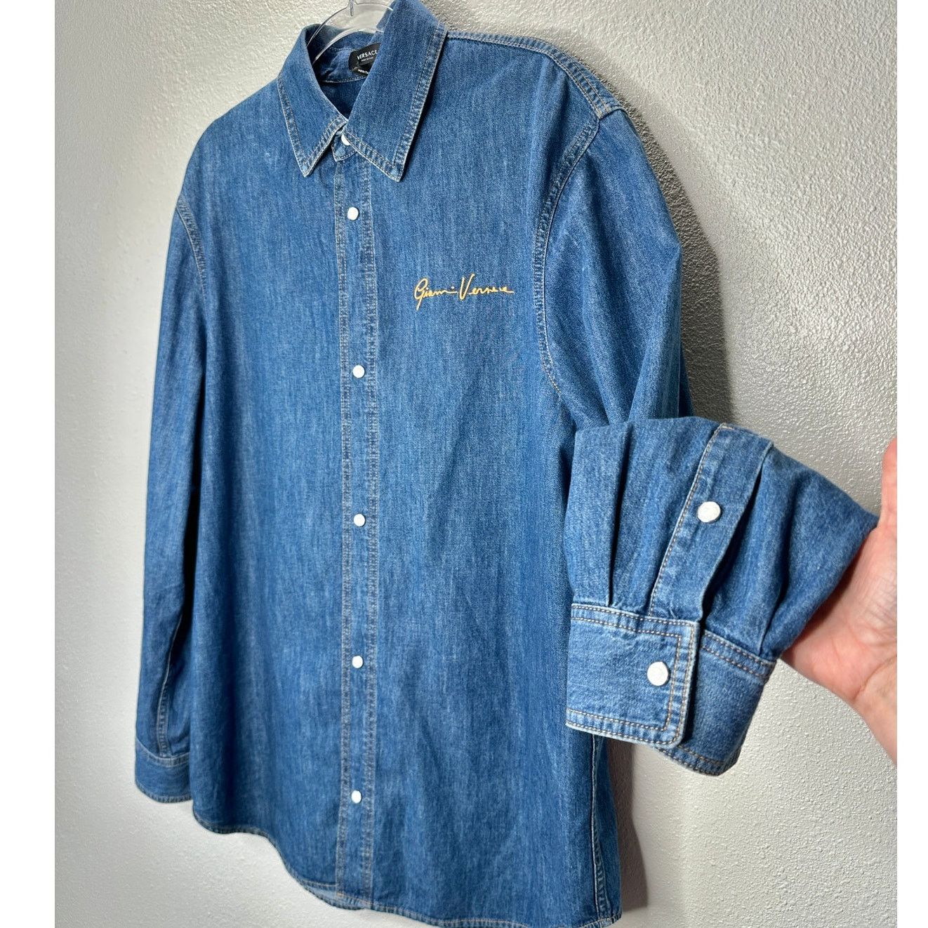 Versace Denim Long Sleeve Pearl Snap Yellow Logo Shirt 41