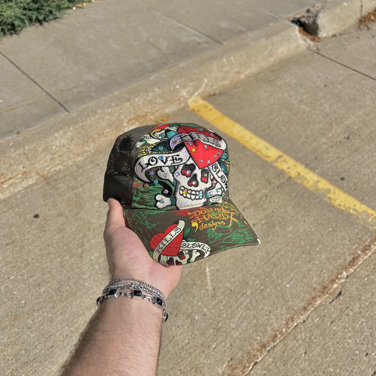 Ed Hardy Vintage 00s Y2K Ed Hardy SnapBack Trucker Hat Rhinestone Size ONE SIZE - 1 Thumbnail