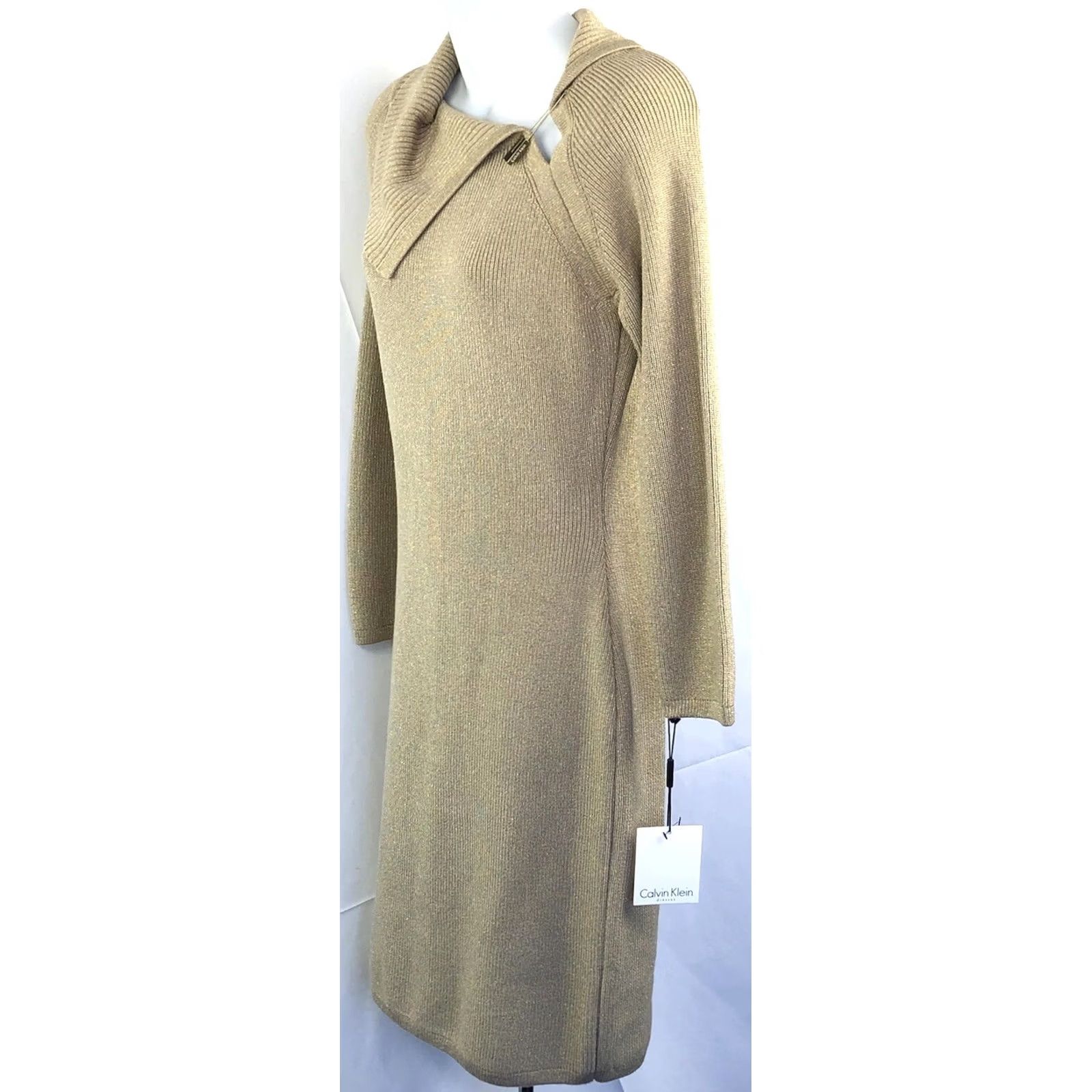 Calvin Klein VINTAGE Calvin Klein Sweater Dress M Gold Glitter Cowl Neck Logo Pin Glam Coquette Size M / US 6-8 / IT 42-44 - 4 Thumbnail