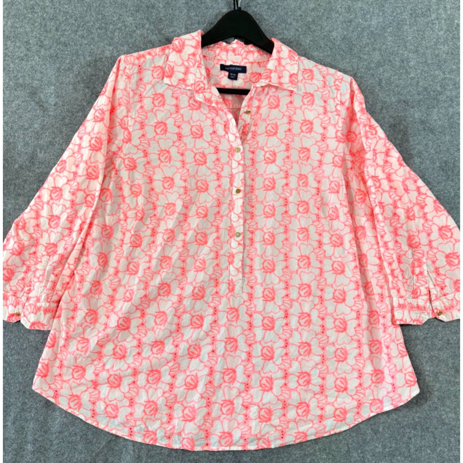 Lands' End Lands' End Shirt Top Womens 18W Hot Pink Floral Embroidered Boho 3/4 Sleeve Collared Shirt Top Womens 18W Size XXL / US 16-18 / IT 52-54 - 2 Thumbnail