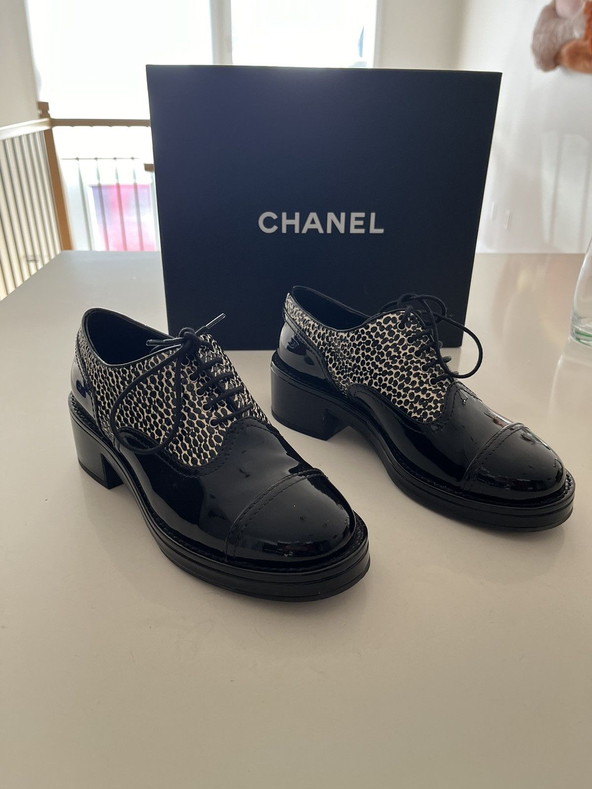 Chanel Patent Leather Heeled Leopard Derby