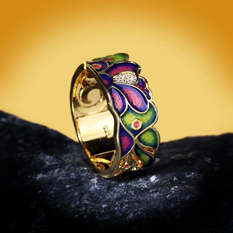 Jewelry Creative Enamel Golden Charming Flower Cubic Zirconia Size ONE SIZE - 1 Thumbnail