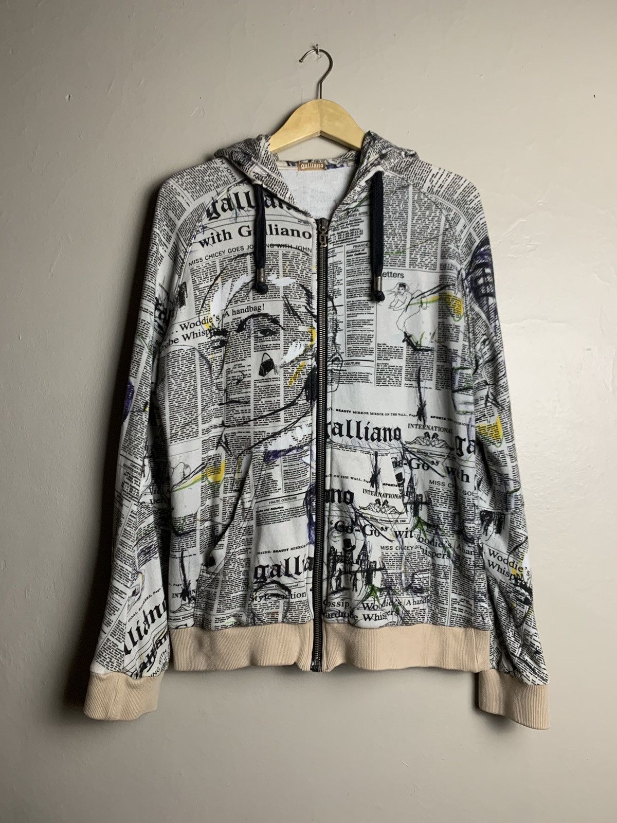 image of John Galliano Gazette Newspaper Print Zip Hoodie in Grey, Men's (Size Medium)