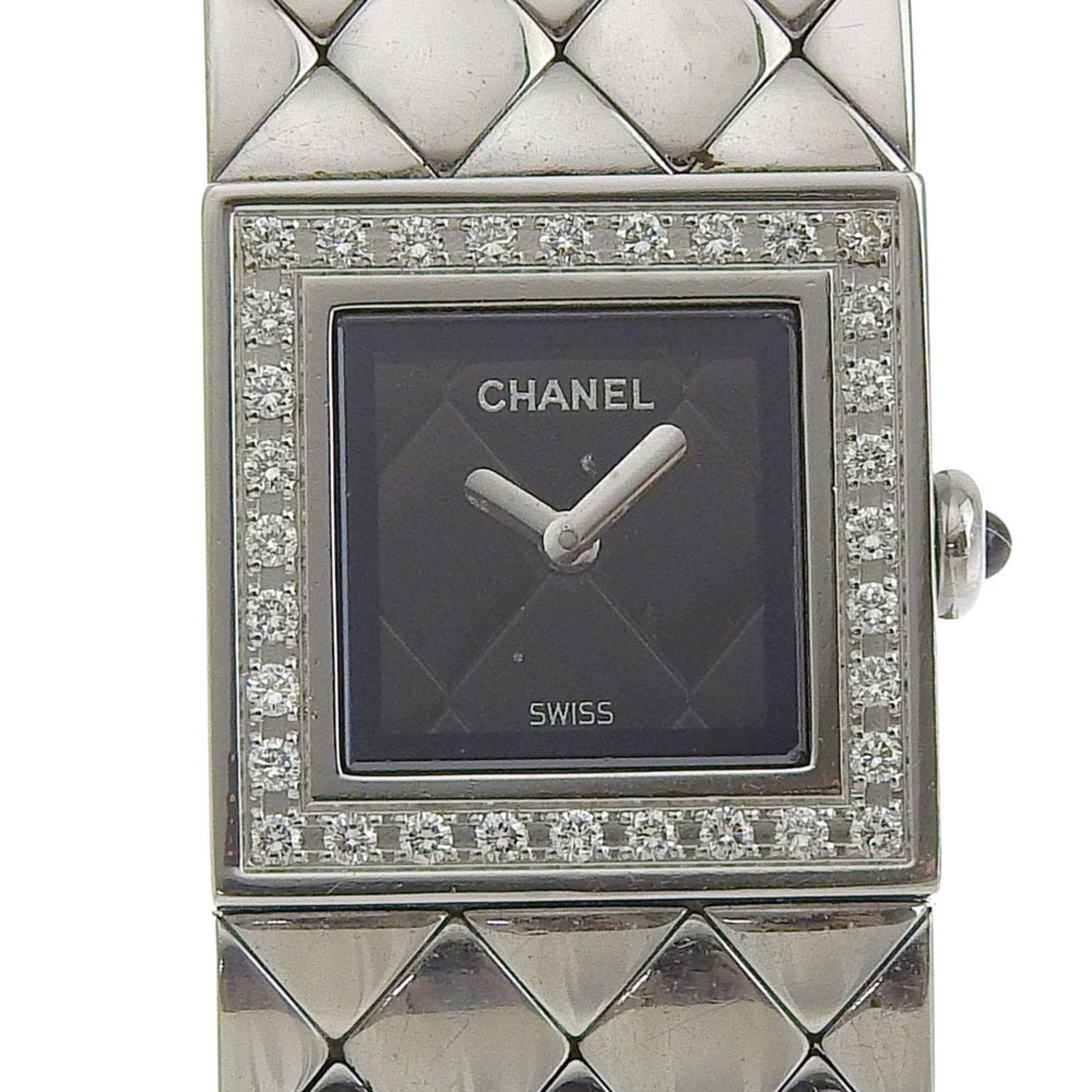 Chanel Matelasse Watch Diamond Bezel H0489 Stainless Steel Quartz Analog Display Black Dial Women's I213024033
