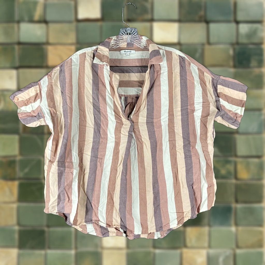 Madewell Madewell Womens Pink Striped V-Neck Short Sleeve Blouse M Size M / US 6-8 / IT 42-44 - 1 Thumbnail