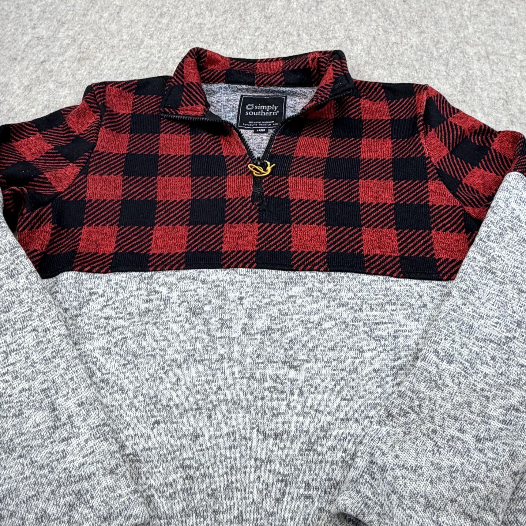 Vintage Simply Southern Sweater Womens Large Red Plaid Gray Quarter Zip Pullover Size L / US 10 / IT 46 - 3 Thumbnail