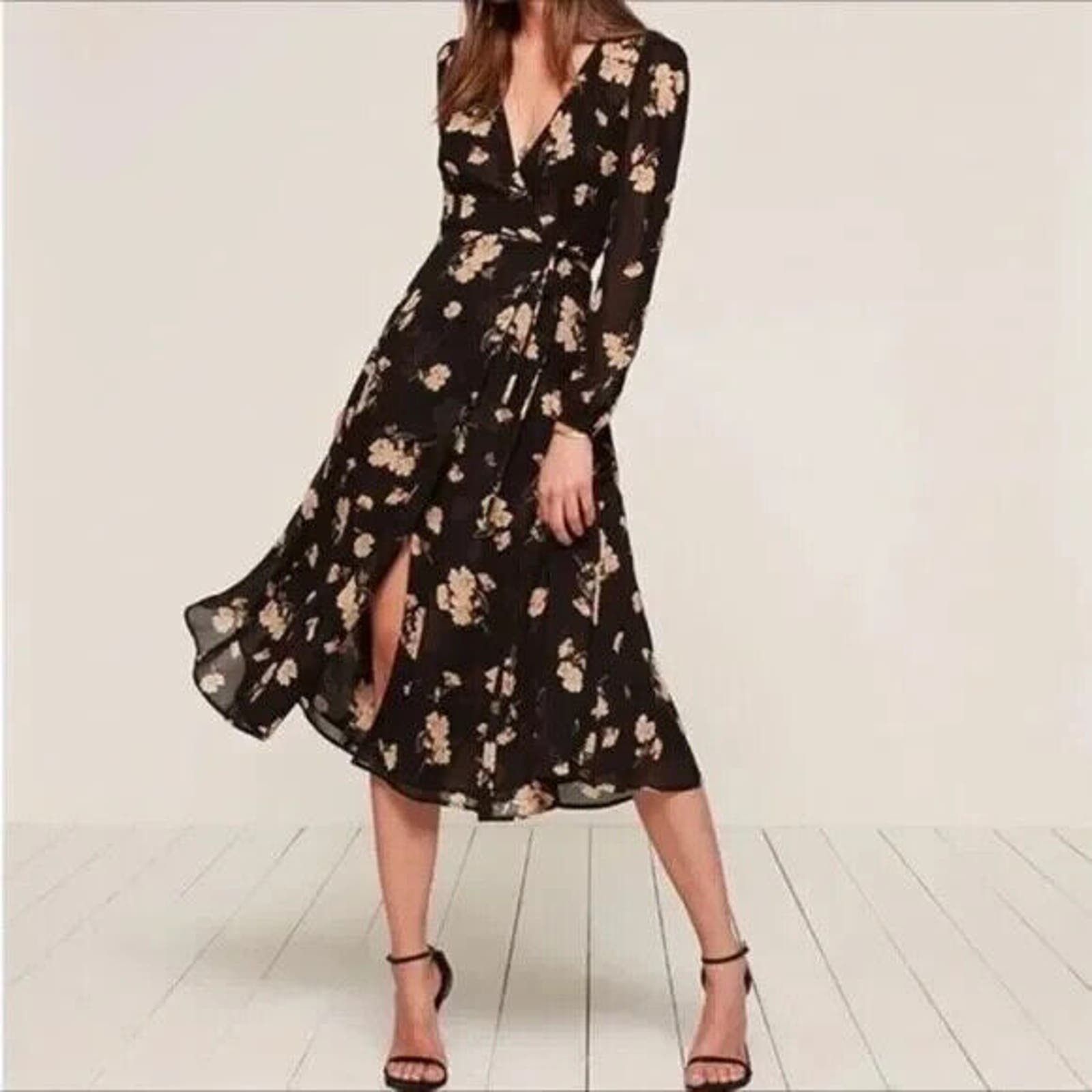 image of Reformation Women's Chelsea Wrap Dress In Black Floral (Size XS)