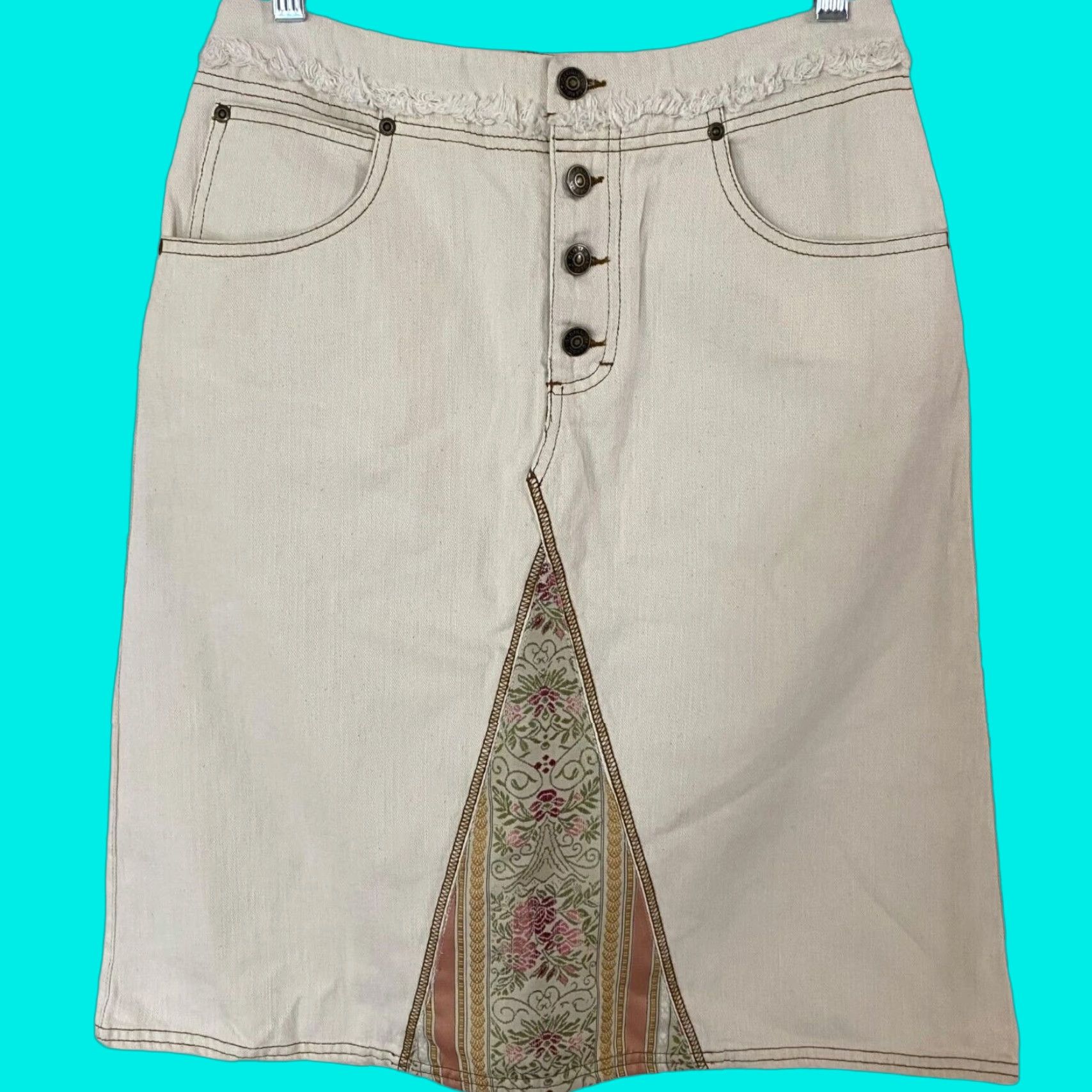 Gloria Vanderbilt Gloria Vanderbilt A-Line Denim Pencil Skirt Cream Womens Size 6 Boho Tapestry Midi Skirt Slit Pockets 100% Cotton Regular Rise #3 Mens? Size 28" / US 6 / IT 42 - 1 Thumbnail