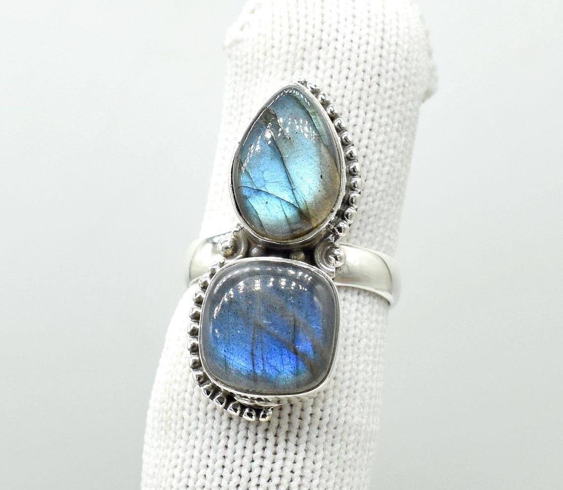 Handmade Blue Fire Labradorite Ring: 925K Silver Boho Bridal Jewelry Size ONE SIZE - 6 Thumbnail