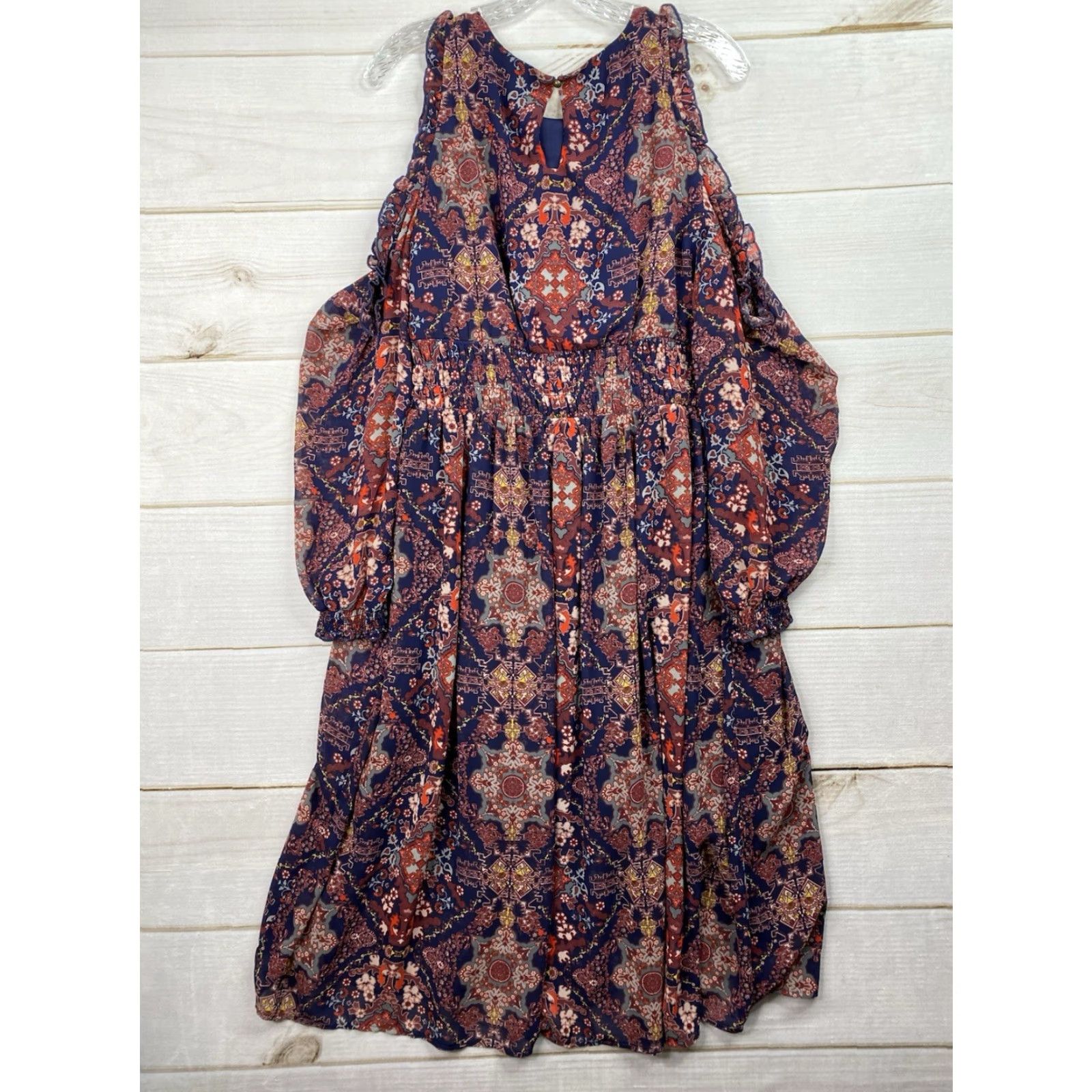 Vintage Xhilaration Dress XL Blue Floral Cold Shoulder Chiffon Lined Smocked Waist Boho Dress Size XL / US 12-14 / IT 48-50 - 5 Thumbnail