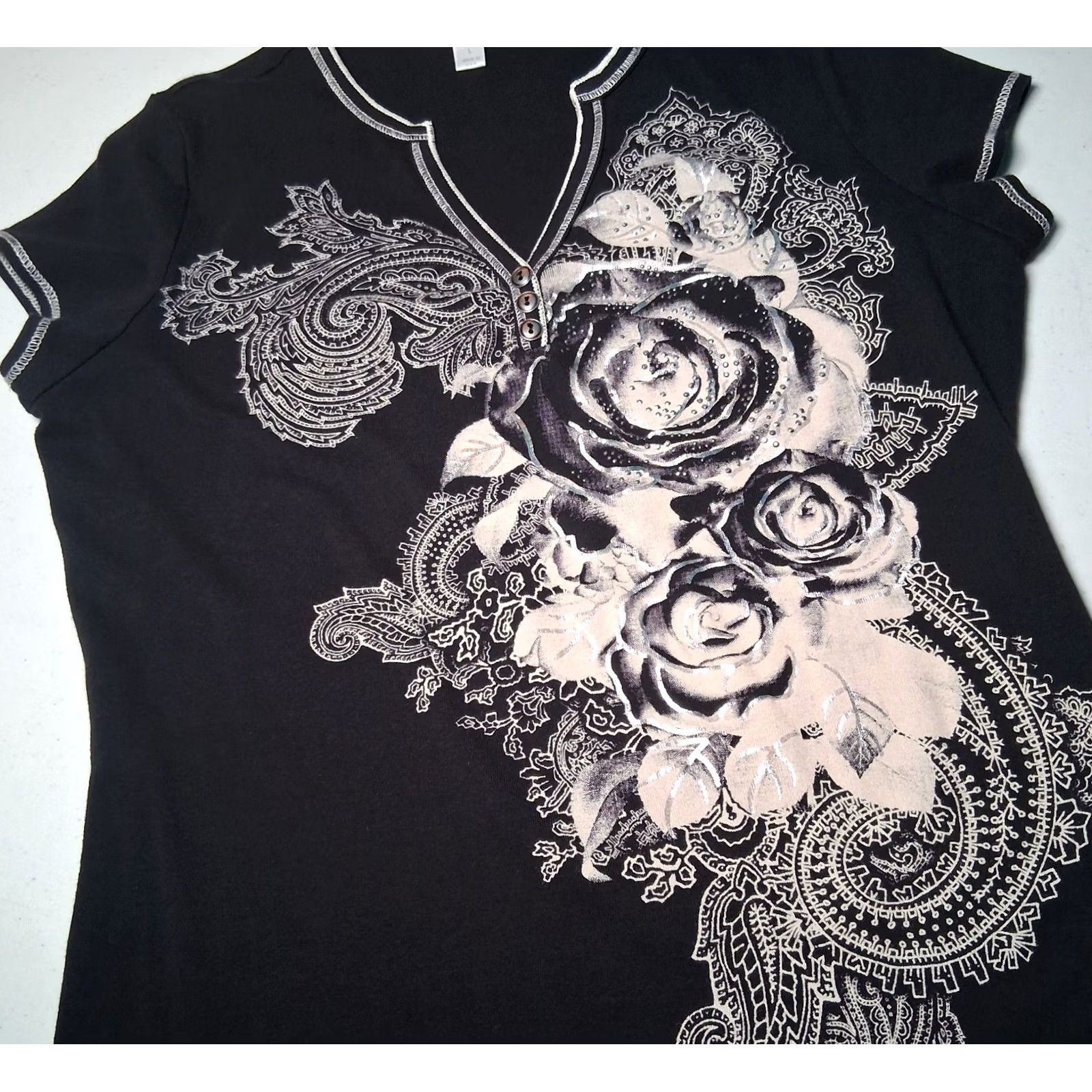 Vintage VINTAGE Dressbarn Shirt Women L Black Cap Sleeve Studded Roses Y2K Size L / US 10 / IT 46 - 2 Thumbnail