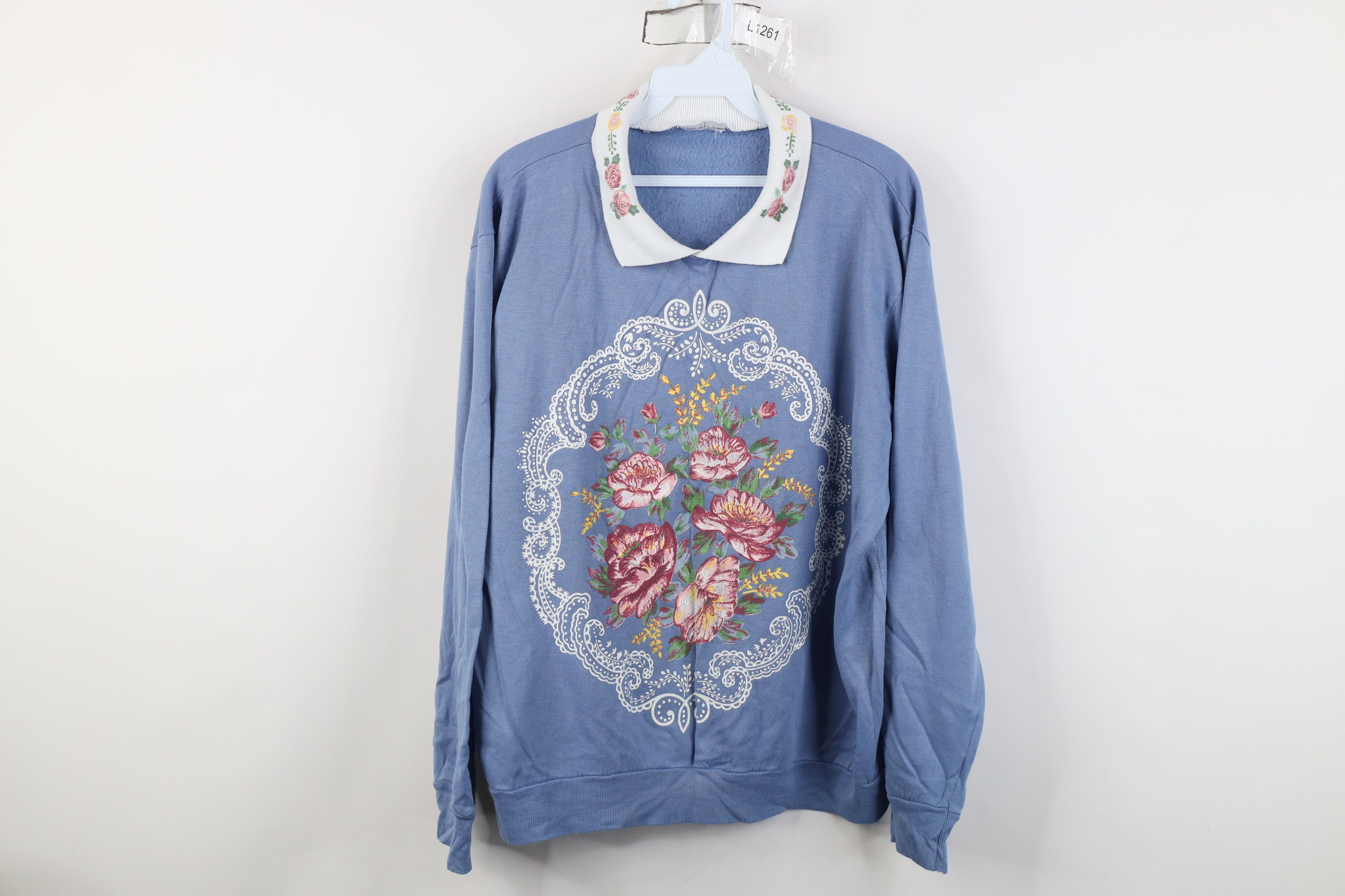 Vintage Vintage 90s Country Primitive Floral Collared Sweatshirt Size XXL / US 16-18 / IT 52-54 - 1 Thumbnail