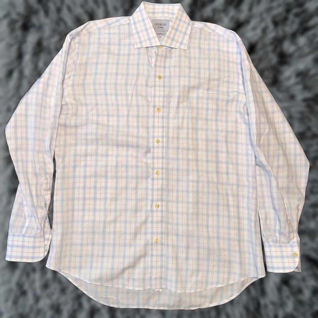 Pinko Ledbury Shirt Long Sleeve Button-Up Plaid Slim Fit Large 17 White Blue Pink Men Button Front, 100% Cotton, Regular 32.5x24.5, Slimming Size US XL / EU 56 / 4 - 1 Thumbnail