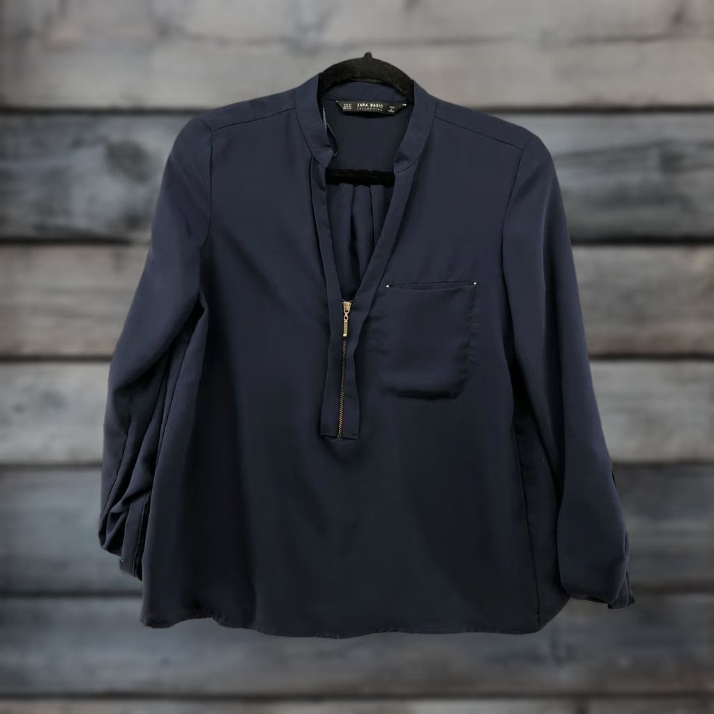 Zara Zara Blouse Womens XS Blue 1/2 Zip Roll Tab Sleeve Chiffon V-Neck 3/4 Sleeve Popover Long Sleeve Top Size XS / US 0-2 / IT 36-38 - 1 Thumbnail