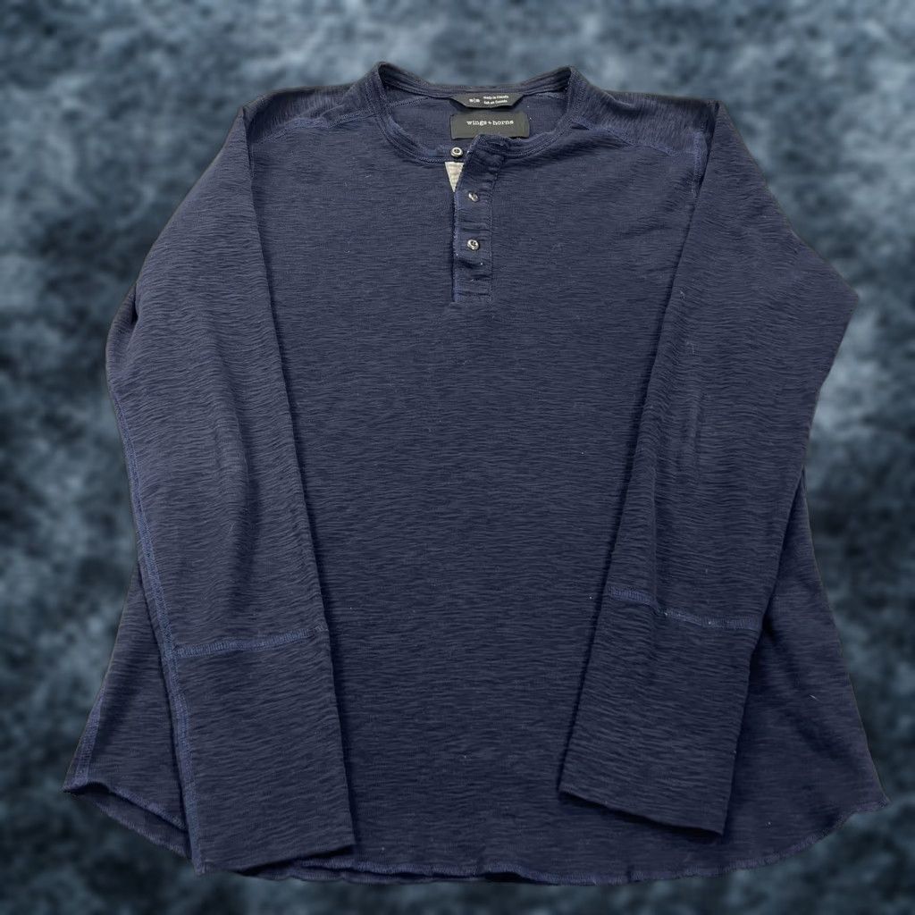 Vintage Wings+Horns Shirt Mens Medium Blue Slub Cotton Long Sleeve Henley Made Canada Size US M / EU 48-50 / 2 - 1 Thumbnail