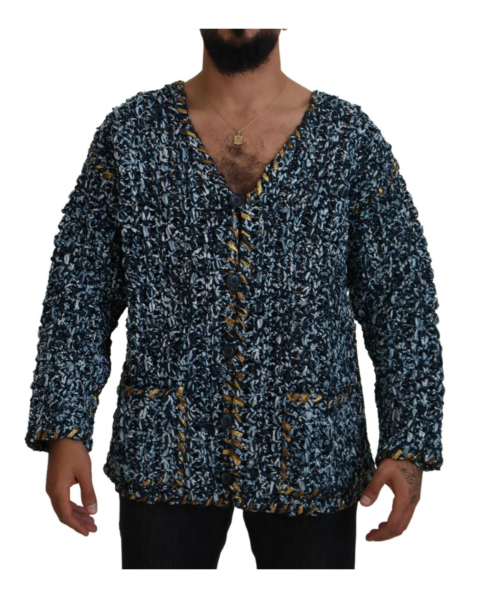 image of Dolce Gabbana Logo Embellished Cardigan Sweater in Blue, Men's (Size Medium)
