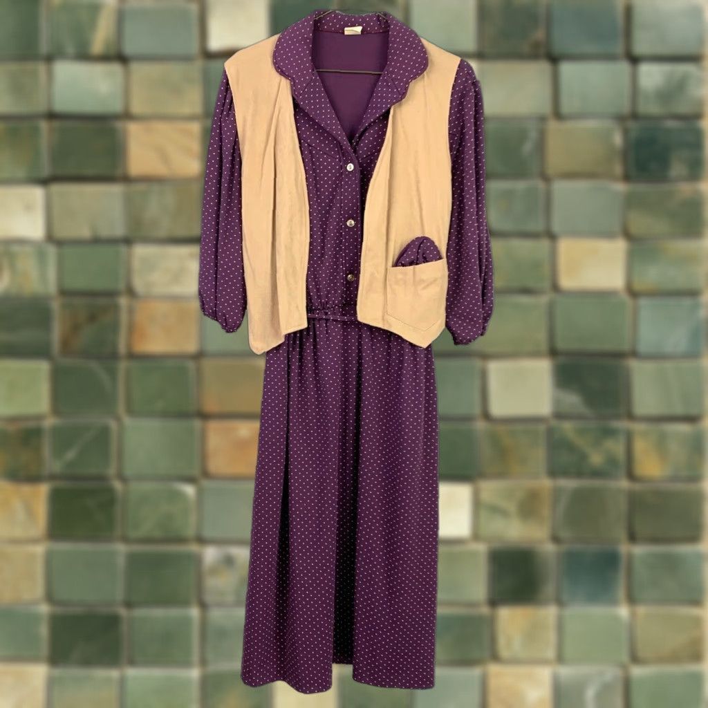 Vintage Vintage Purple Polka Dot Jersey Dress Faux Suede Vest Outfit Size 16 Size XXL / US 16-18 / IT 52-54 - 1 Thumbnail