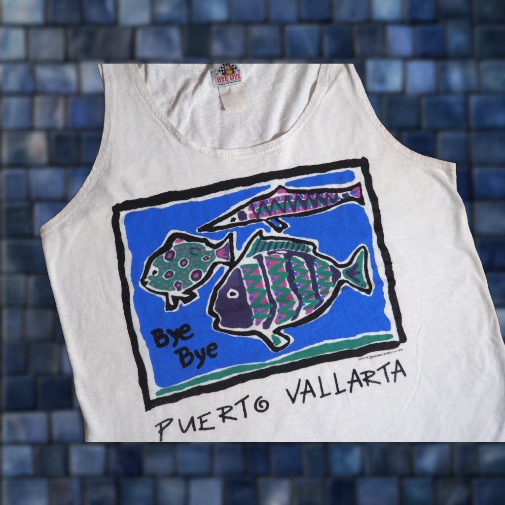 Vintage VINTAGE 90s Bye Bye Puerto Vallarta Mexico Fish Graphic Print White Tank Top T-Shirt L Mens Size US L / EU 52-54 / 3 - 1 Thumbnail
