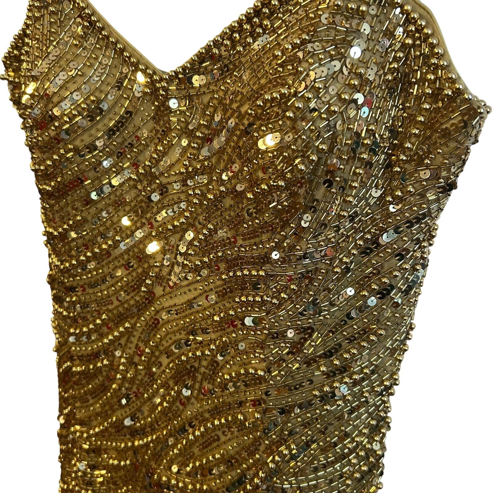 VTG Nite Line AJ Bari Gold Beaded Silk Dress Sweetheart -  erickpacheco.com.br