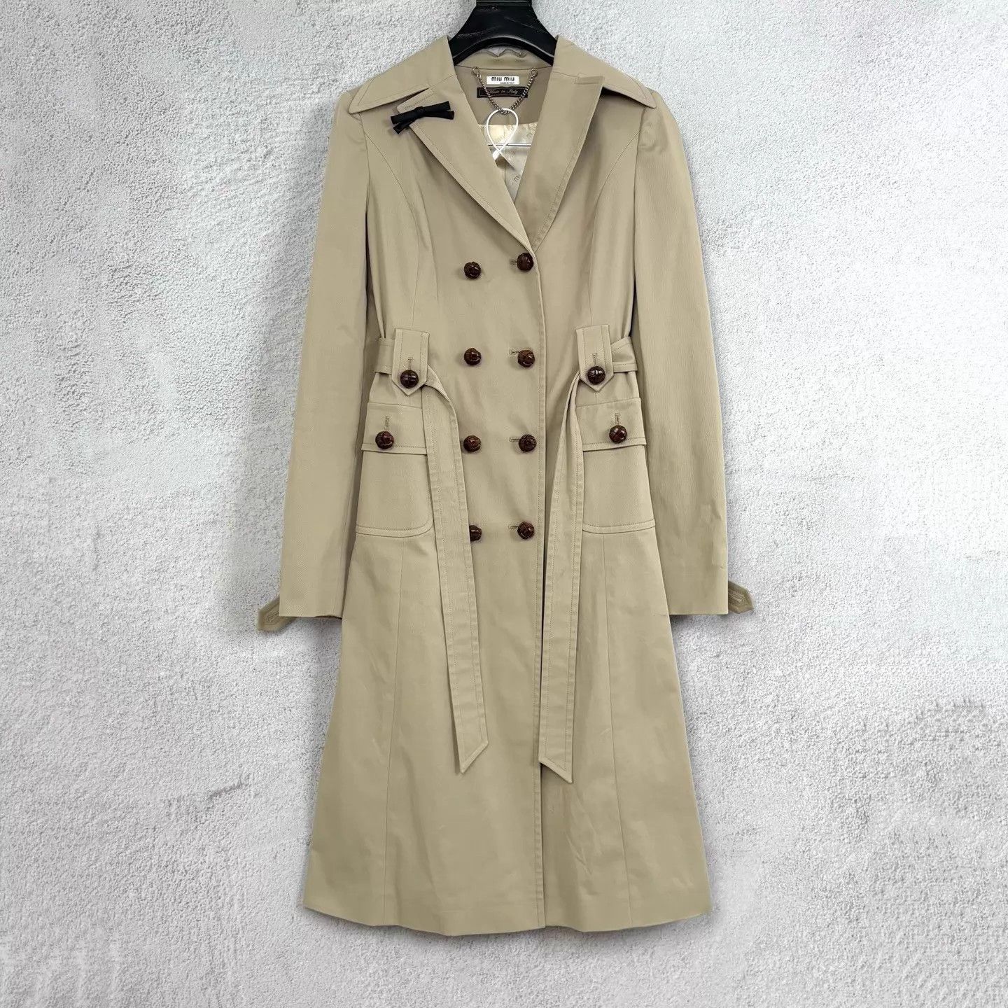 Miu Miu MIU MIU Beige Logo-Lined Long Tie-Front Coat Size 38 Size XS / US 0-2 / IT 36-38 - 1 Thumbnail