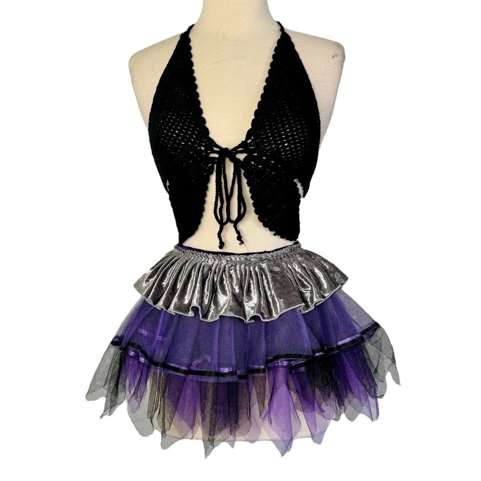 Other Y2K Crochet Butterfly Top Velvet Mesh Tutu Cyberpunk OS Size 32" / US 10 / IT 46 - 3 Thumbnail