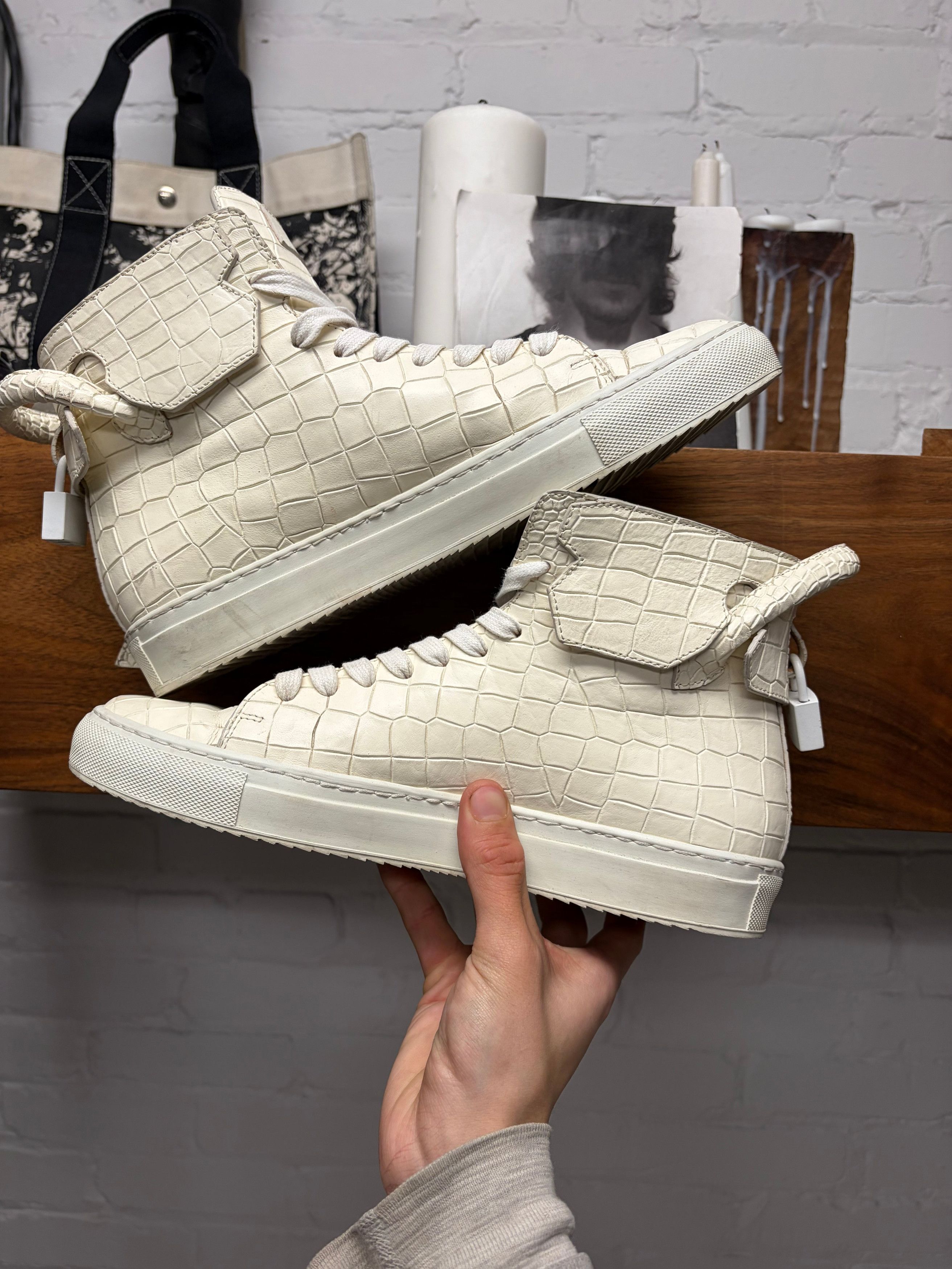 Buscemi Buscemi x En Noir Croc Embossed Cream White Leather High Top Sneakers Size US 9 / EU 42 - 5 Thumbnail