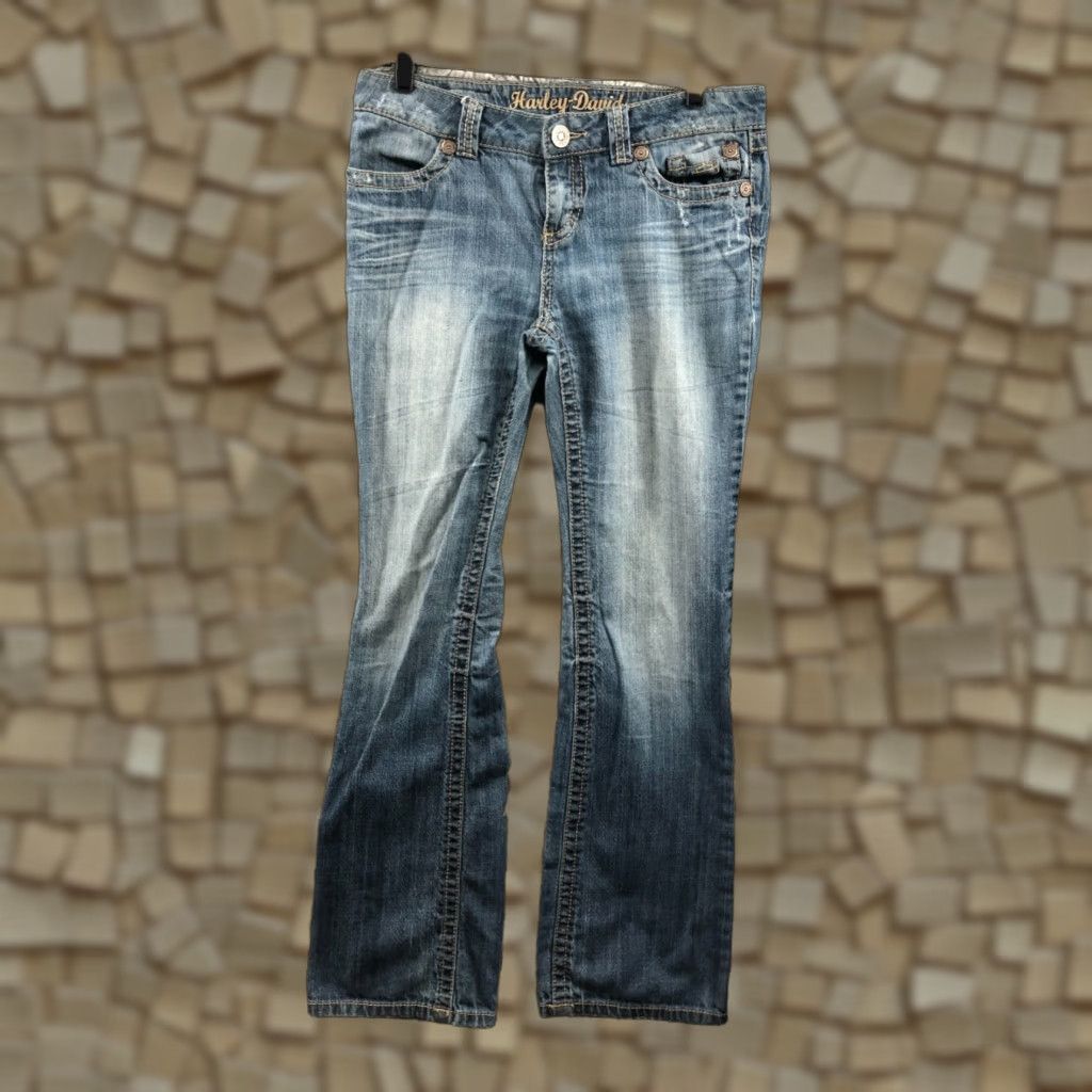 Harley Davidson Harley-Davidson Jeans Bootcut Size 8T Tall Womens Medium Blue Flaw Denim 5-Pocket Zipper Button Belt Loops Inseam 33in Regular Rise Mid Wash Blue Size 30" / US 8 / IT 44 - 1 Thumbnail