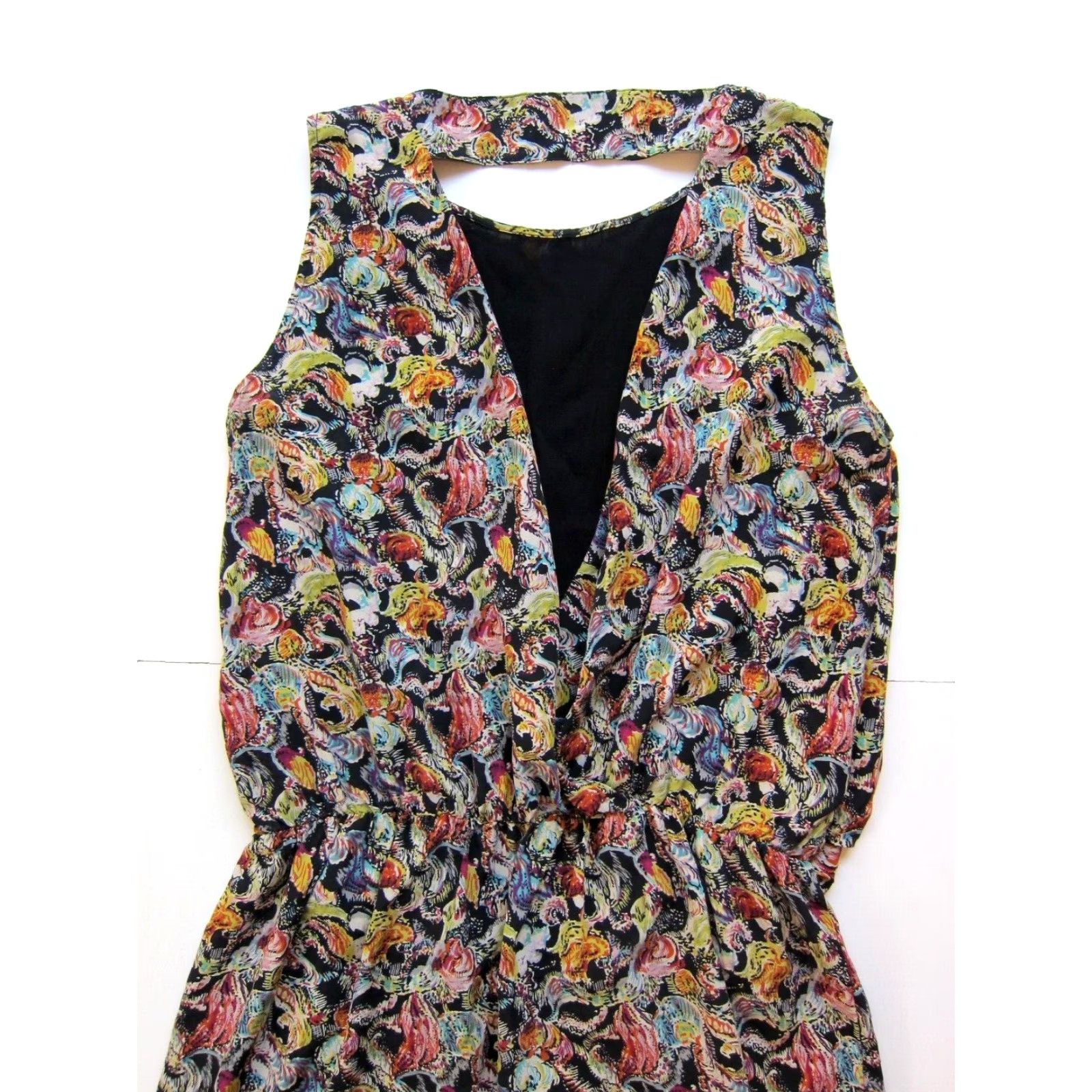 Vintage Stefanel 100% Silk Black Pink Green Floral Sleeveless Tunic Tank Dress 10 Size L / US 10 / IT 46 - 7 Thumbnail