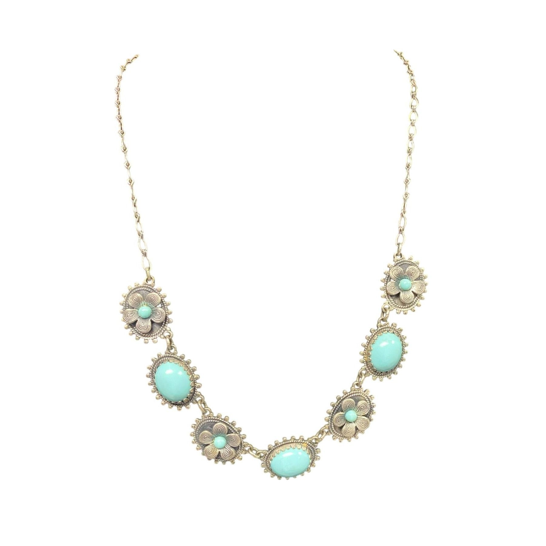 Other Antique Silver Faux Turquoise Flowered Necklace Size ONE SIZE - 2 Thumbnail