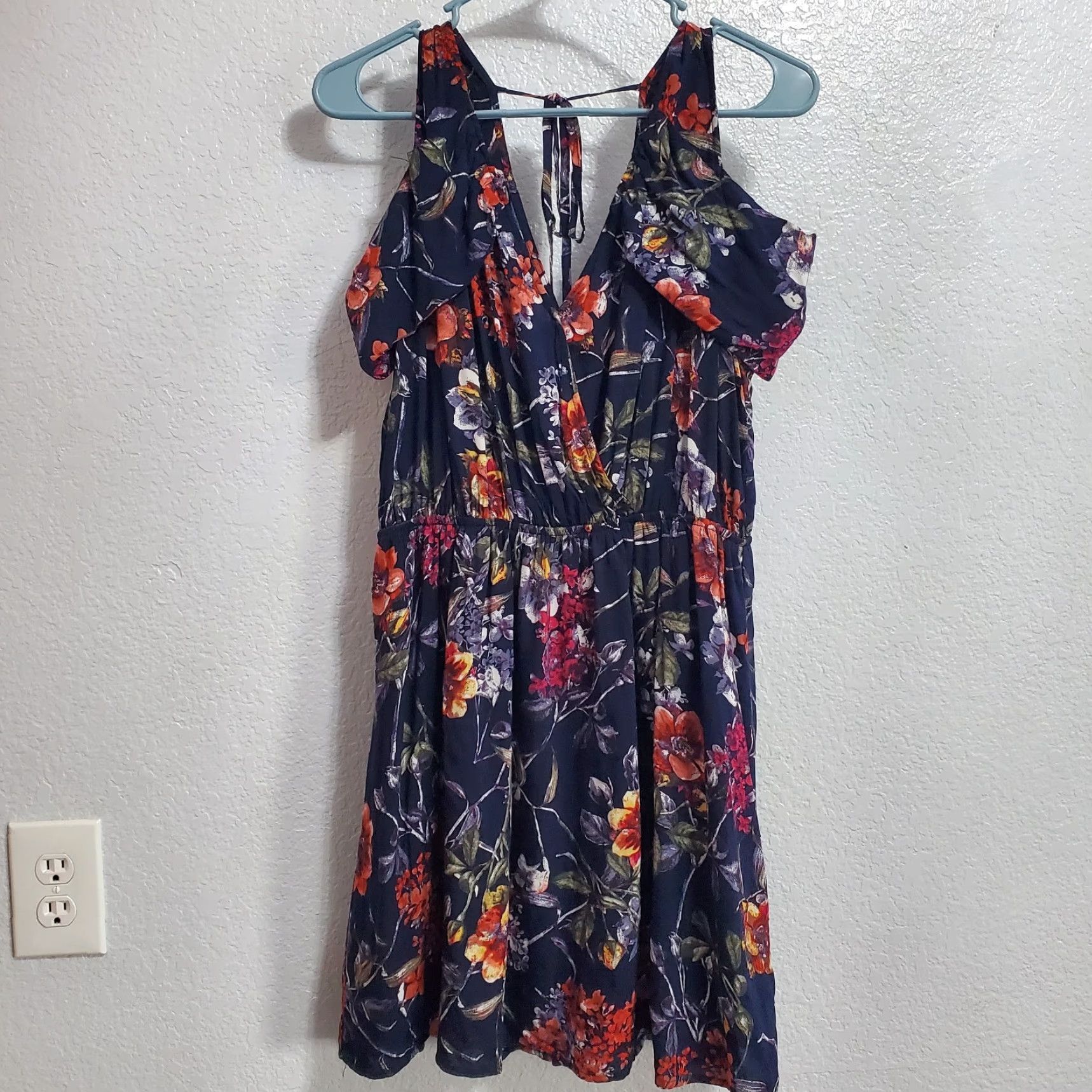 Vintage VINTAGE Entro Dress Women M Blue Floral Faux Wrap Cold Shoulder Elastic Waist Lined Boho Size M / US 6-8 / IT 42-44 - 2 Thumbnail