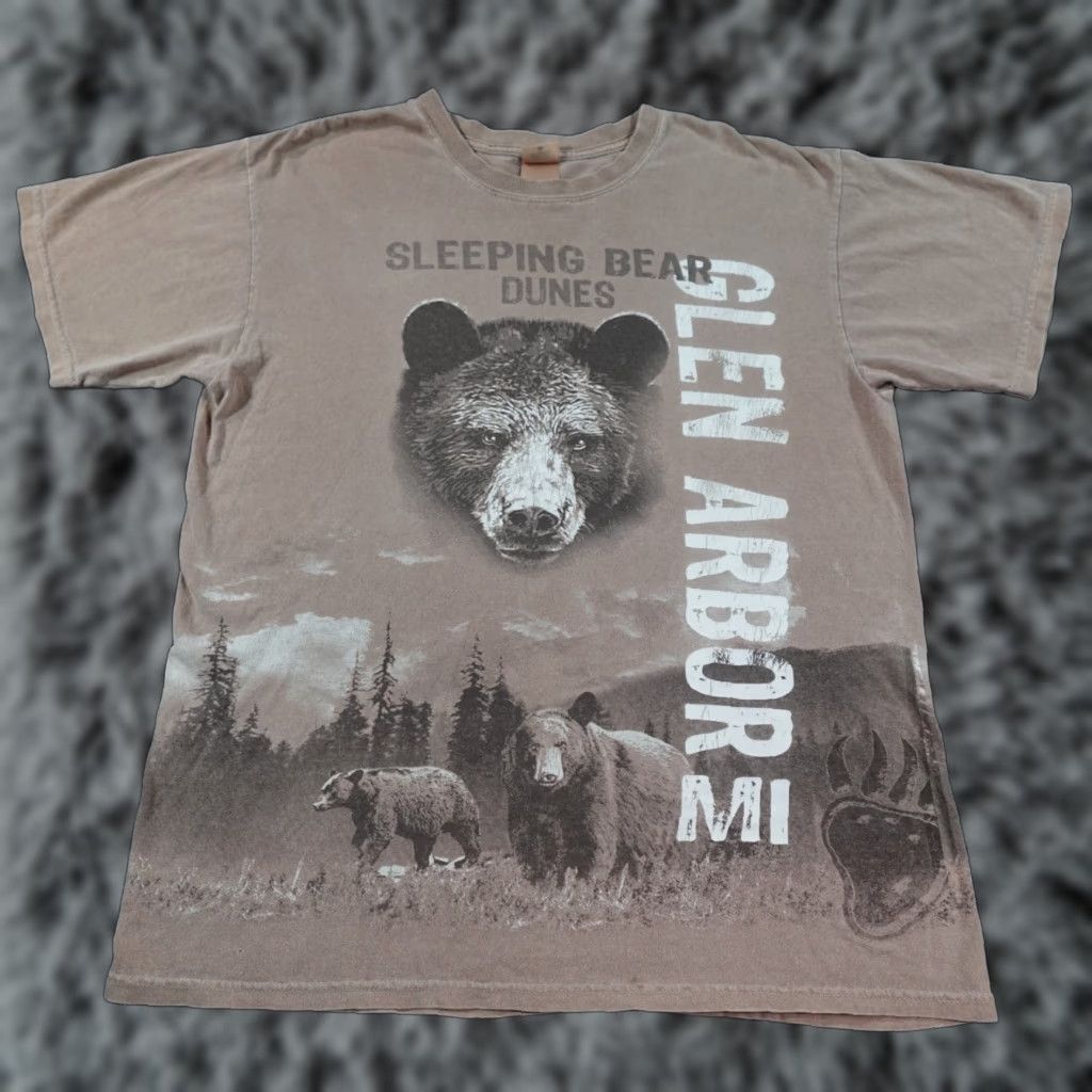 VINTAGE Anvil Nature T-Shirt Men L Brown Sleeping Bear Dunes Glen Harbor AOP Wrap 90s Nature bears sand dunes Michigan Y2K Mens